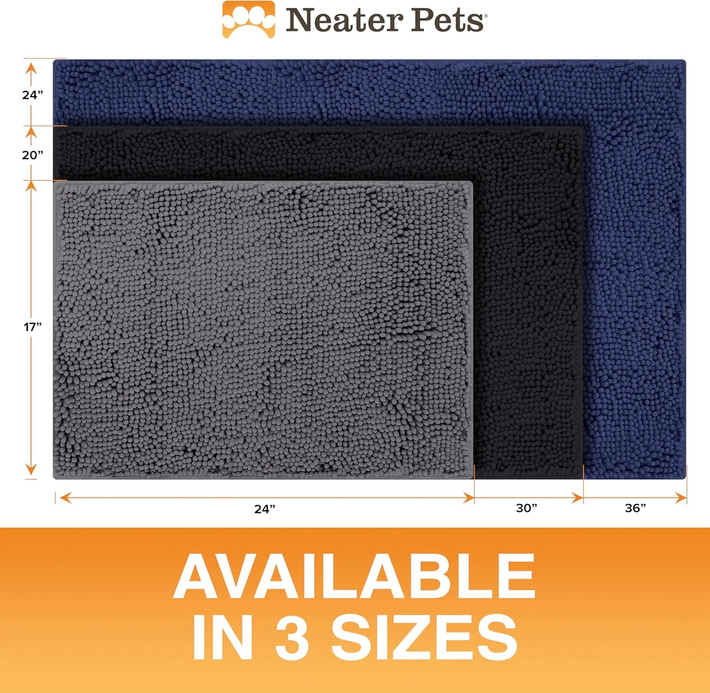 Neater Pets Muddy Paws Dog Door Mat 24” x 17” – Super Absorbent & Quick-Dry Chenille Doormat for Trapping Dirt, Water, Mud - Non-Slip & Machine Washable Pet Rugs for Entryway, Indoor Mud Mats, Black