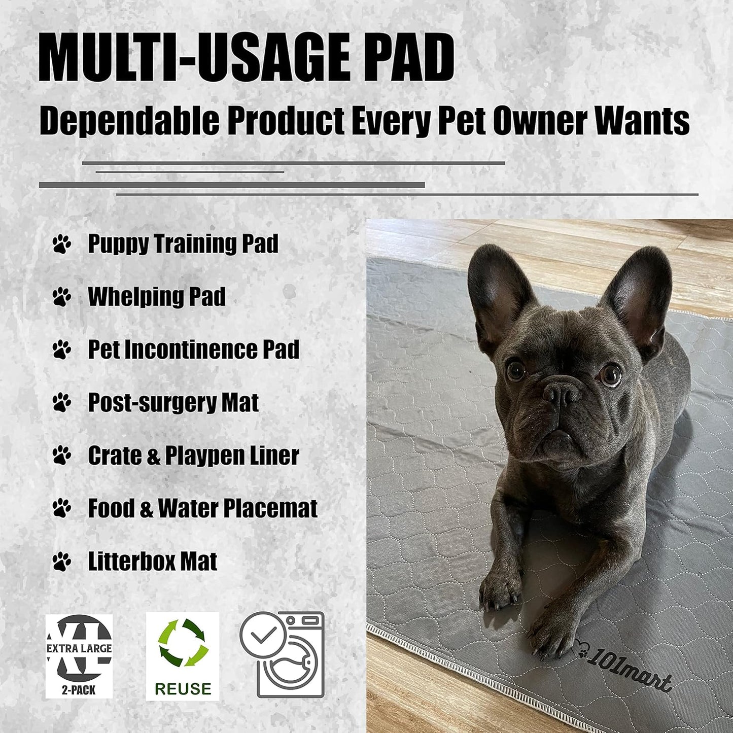 Premium Washable Reusable Dog Pee Pads| Multi-Purpose Super Absorbent Leak-Proof Non-Slip Mat for Potty Training, Whelping, Crate Playpen Litterbox Liner, Food Water Placemat | Gray XL 2-Pack