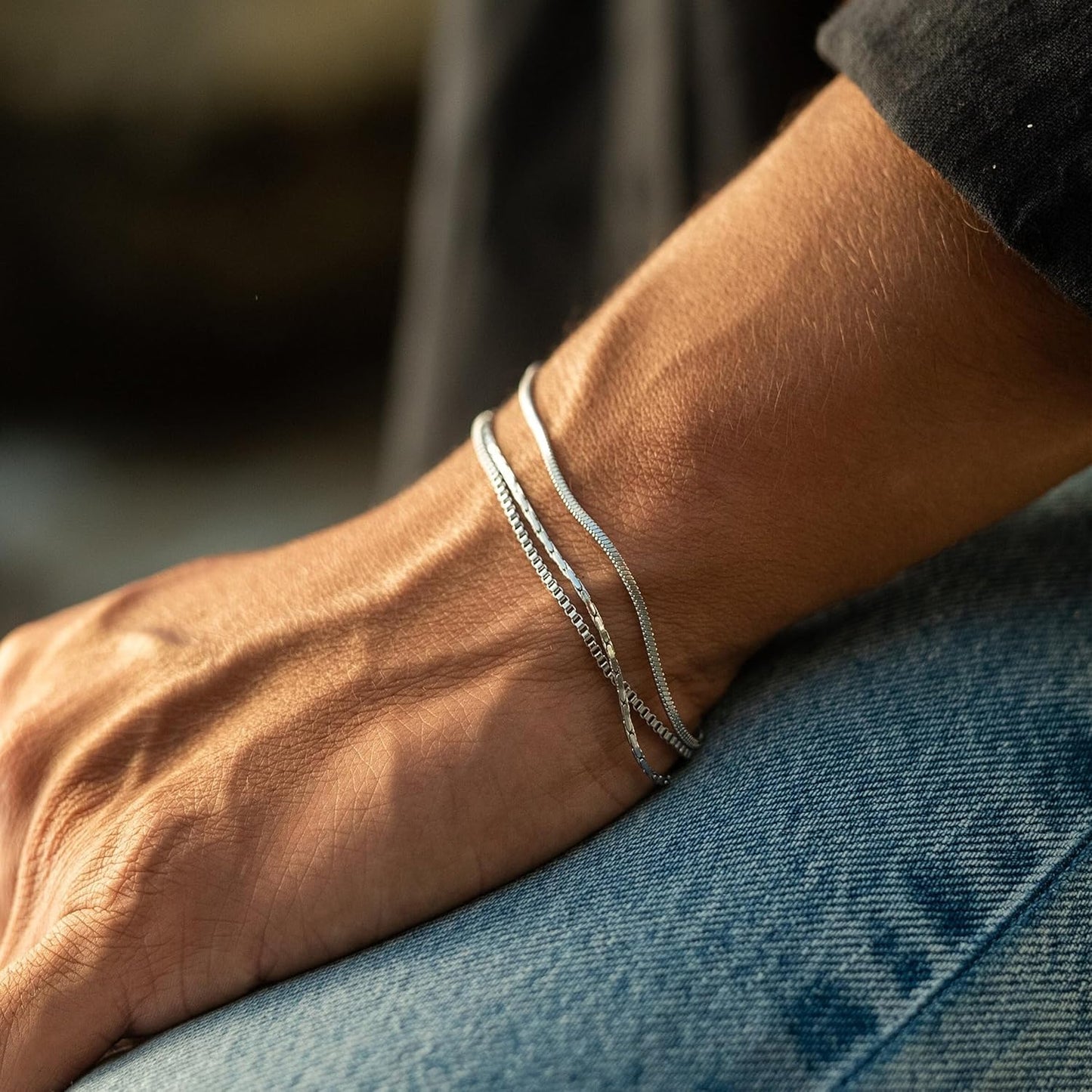 Mens Bracelet - Dainty Gold/Silver Chain Bracelet Stack 14K Gold Plated Silver Bracelets for Men Stainless Steel Adjustable Cross Charm Cuban Link Bracelet Snake Jewelry Set to Men Dad Birthday Day