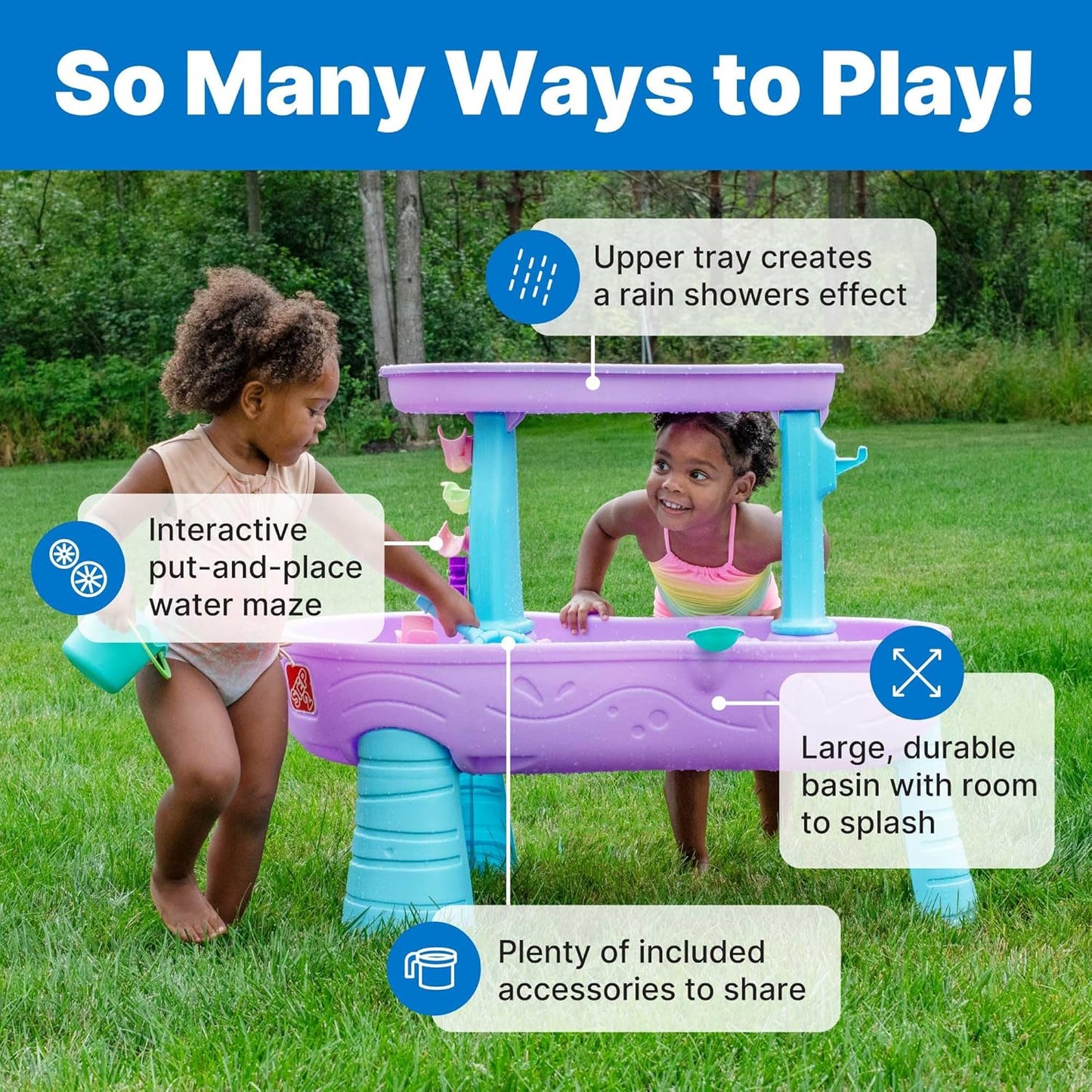 Step2 Rain Showers and Unicorns Water Table, Kids Water and Sand Activity Sensory Playset, Summer Outdoor Toys, 13 Piece Water Toy Accessories, for Toddlers 1.5+ Years Old, Blue & Purple