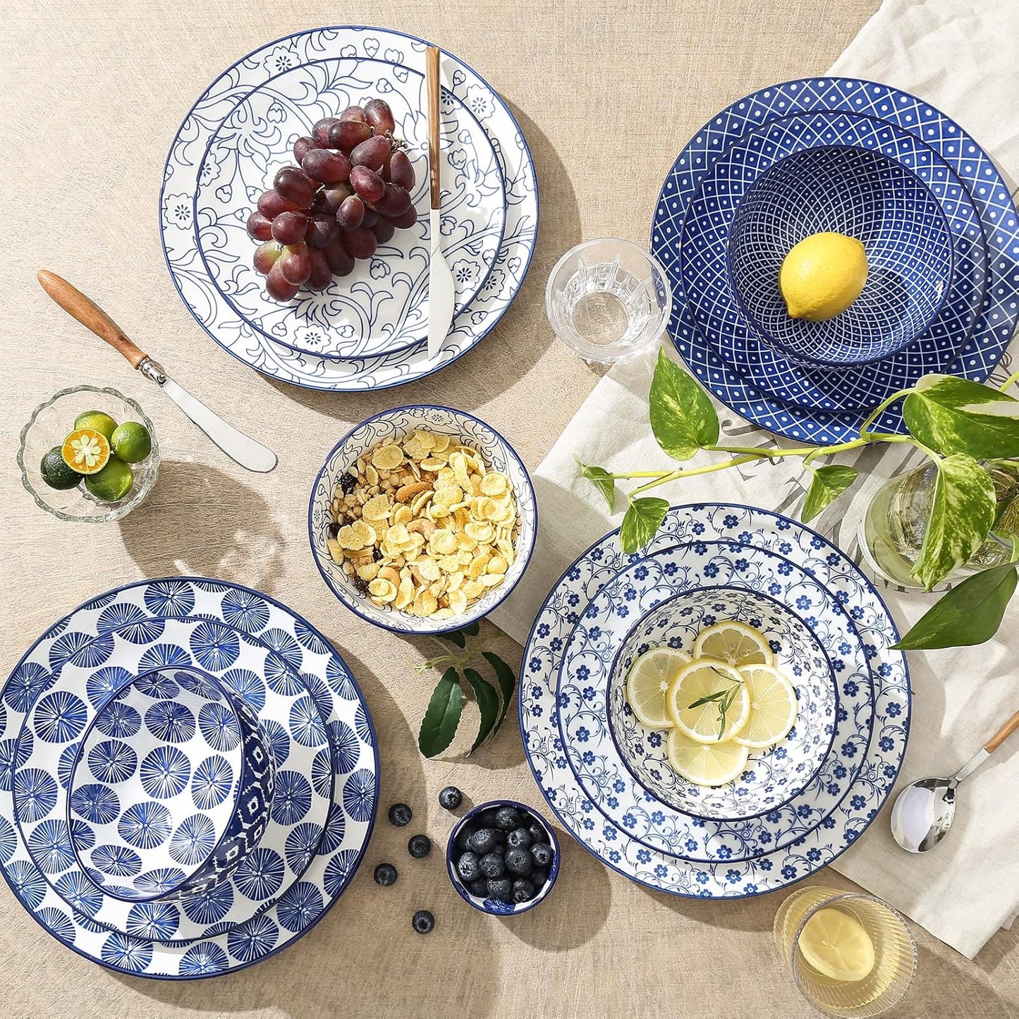 Selamica Ceramic Dinnerware Sets, 12-Pieces Plates and Bowls Sets, Scratch Resistant Dishes set for 4, Dishwasher & Microwave Safe,Vintage Blue
