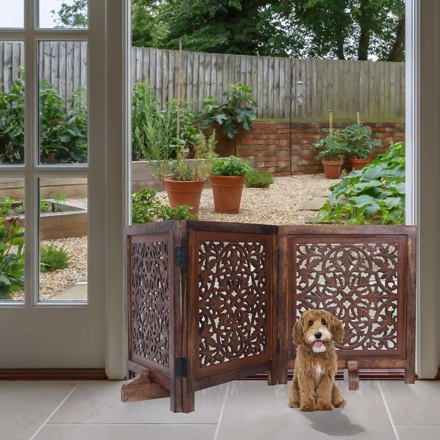 Dog Gate Indoor, Free Standing Folding Wooden Dog Gate for Doorway, Hallway or Stairs, Decorative 3 Panel Wood Pet Fence, 60x24 Inch Pet Gate, Natural Burnt Daisy Design