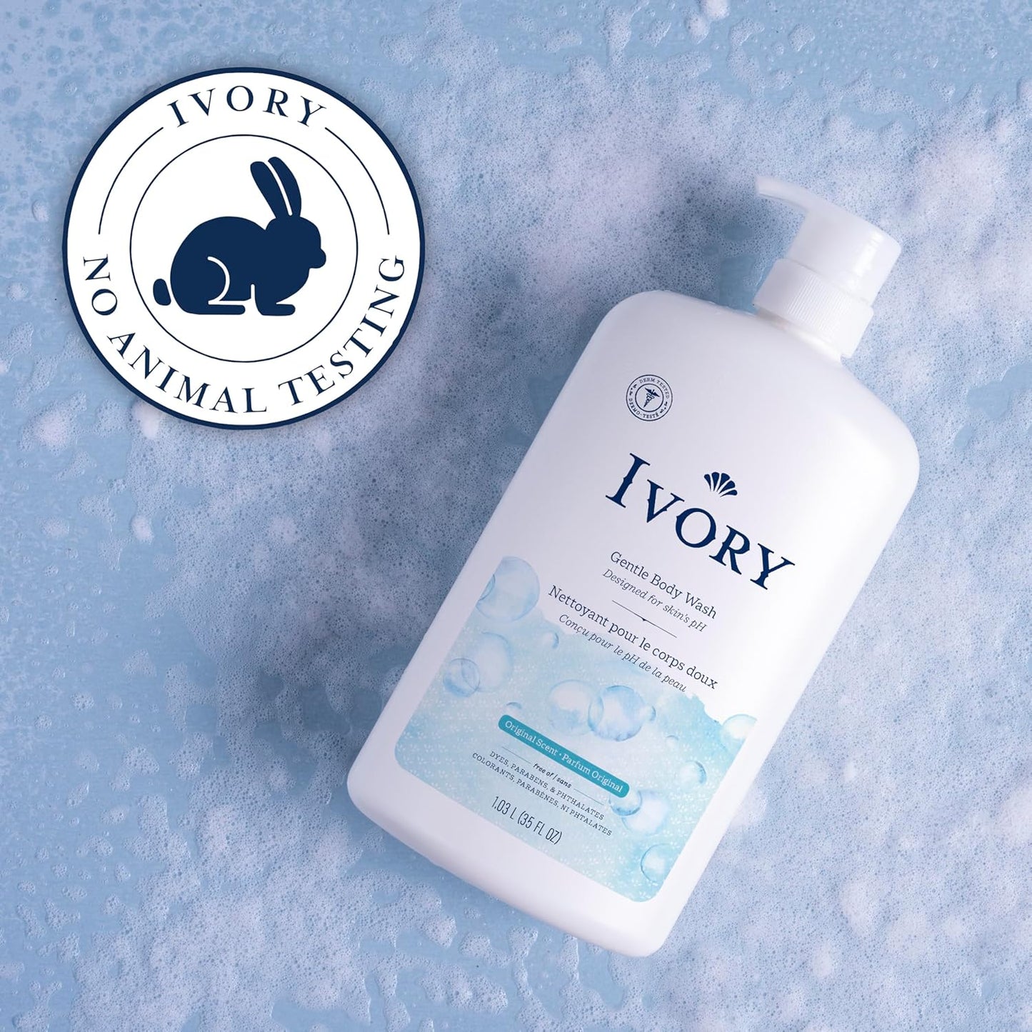 Ivory Body Wash, Designed for the Whole Family, Gentle Formula, Free of Dyes Heavy Perfumes Parabens Phthalates & Silicones, for Sensitive Skin, Designed for Skin's pH, Original Scent, 35 oz