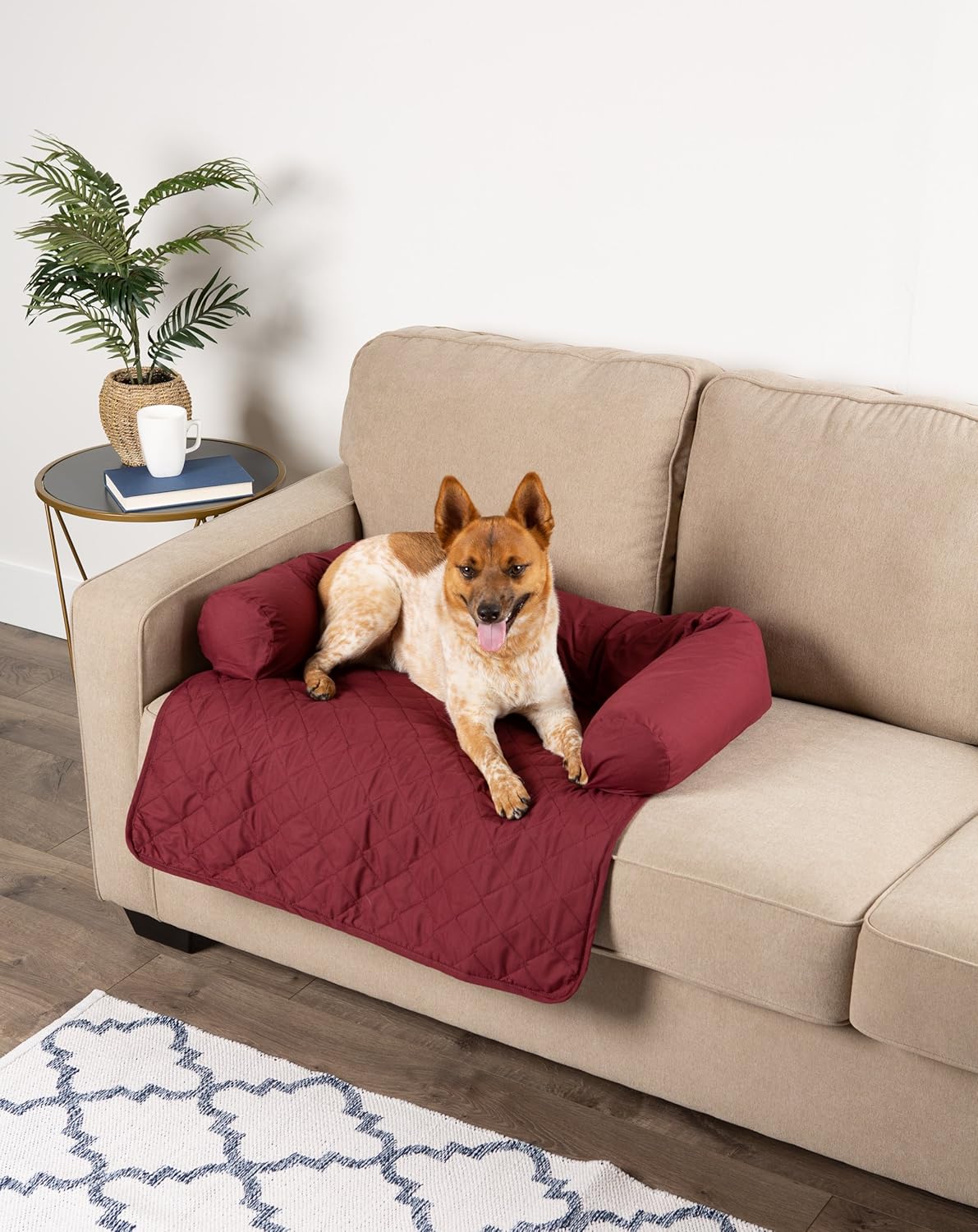 E-Living Store Pet Furniture Protector Non-Slip Water-Resistant Cover for Dogs and Cats with 3-Sided Bolster Soft Fabric - Medium, Cranberry