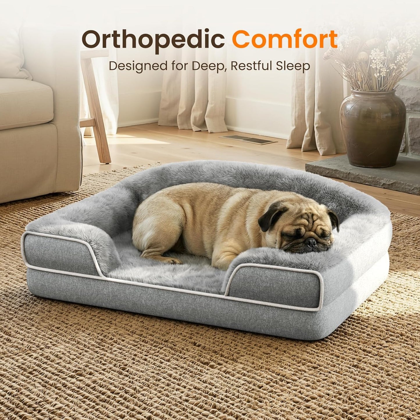 Orthopedic Dog Bed 30 x 20 Inch for Small Medium Dogs Waterproof Memory Foam Dog Bed with Sides Washable Removable Cover Non Slip Pet Bed Light Grey