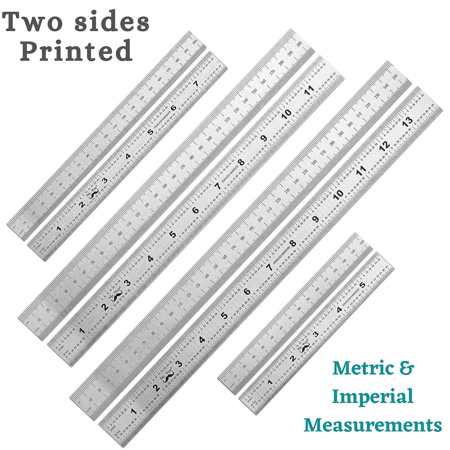 Mr. Pen- Machinist Ruler, 4 Pack (6, 8, 12, 14 inch), Metric & Millimeter Ruler, 1/64, 1/32, mm and .5 mm, Stainless Steel