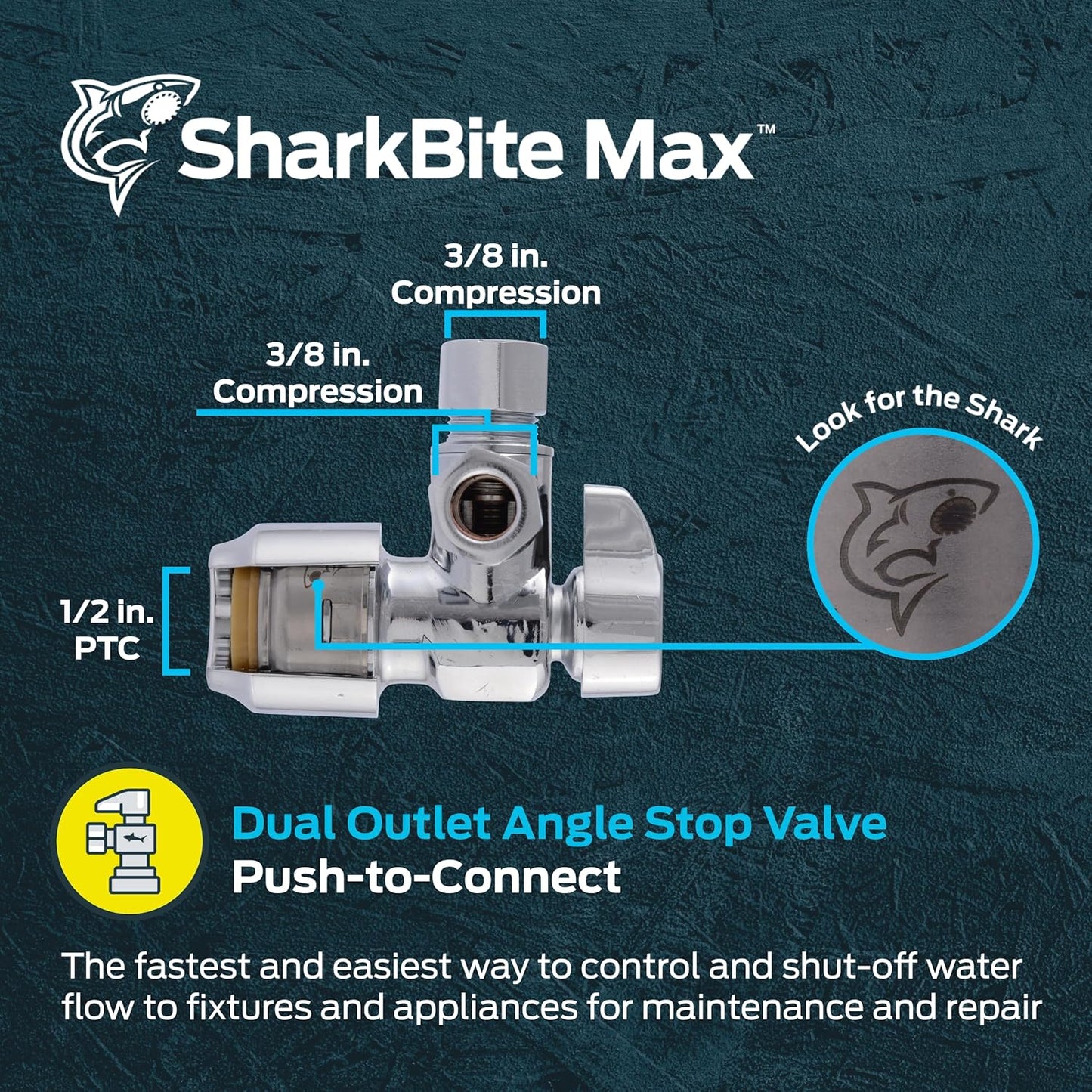 SharkBite Max 1/2 x 1/2 x 3/8 Inch Compression Dual Outlet Angle Stop Valve, Quarter Turn, Push to Connect Brass Plumbing Fitting, PEX Pipe, PE-RT, CPVC, Copper Pipe, UR25558