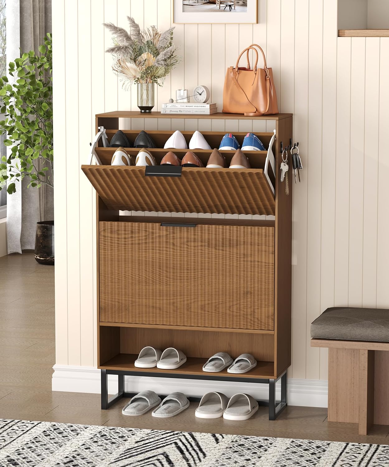 Fluted Shoe Storage Cabinet, Narrow Hidden Shoe Rack Cabinet with Metal Legs, Narrow Shoe Organizer, 2 Flip Drawers, for Entryway, Hallway, Living Room, Walnut
