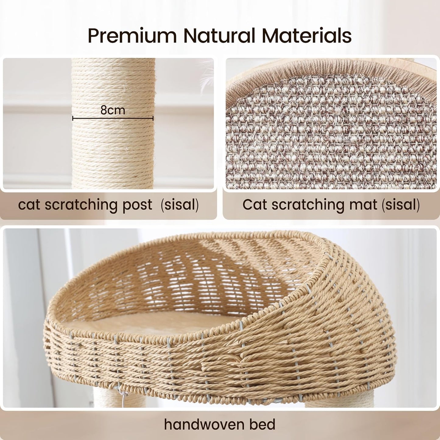 59-inch Cat Tree，Cat Tower with Scratching Post,Extra Long Sisal Blanket, Handwoven Basket & Space Capsule Nest