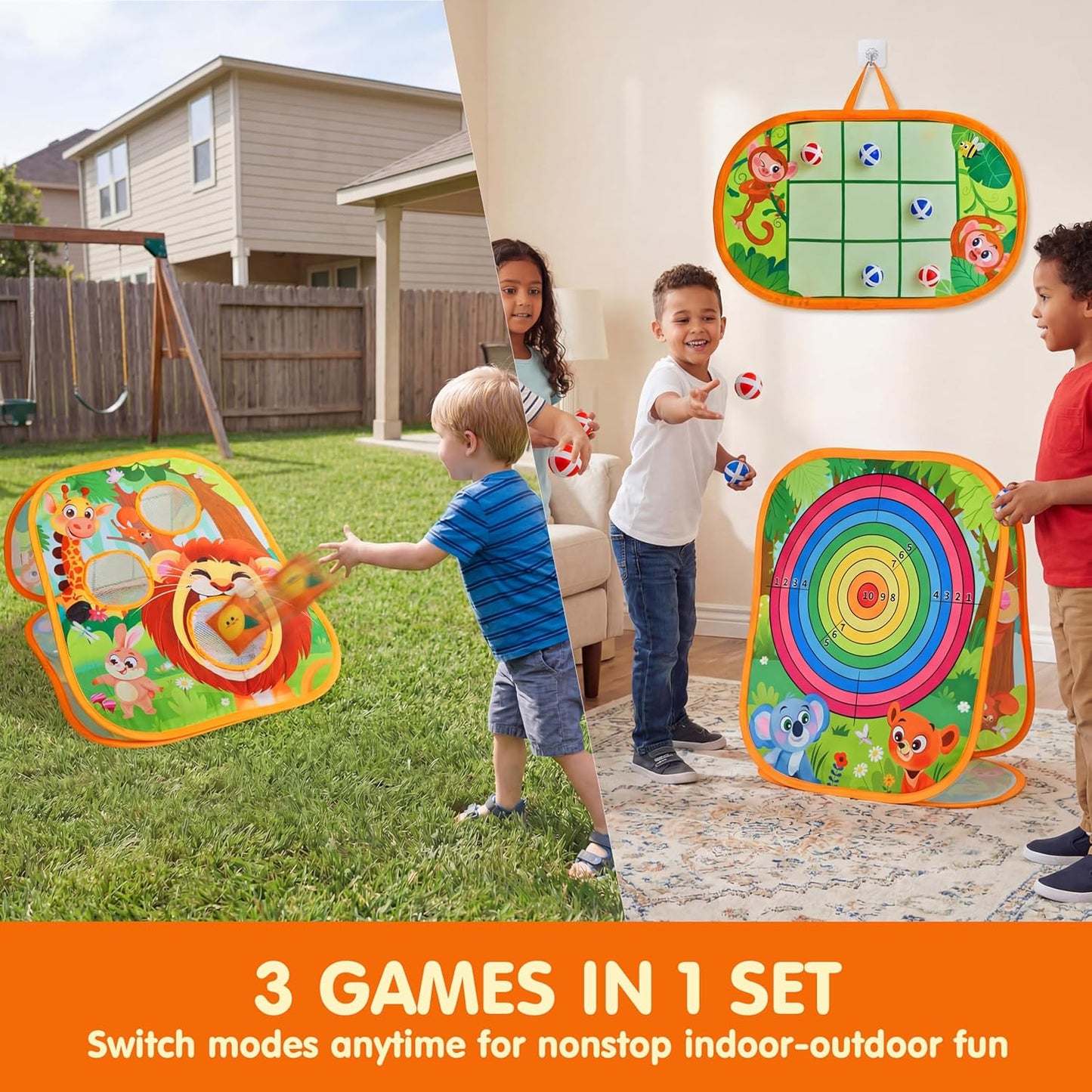 JOYIN 3-in-1 Animal Bean Bag Toss Game for Kids, Portable Corn Hole Games with Tic Tac Toe & Small Sticky Balls, Indoor & Outdoor Toys for Party Yard Beach Lawn, Birthday Gift for Boys Girls Toddlers