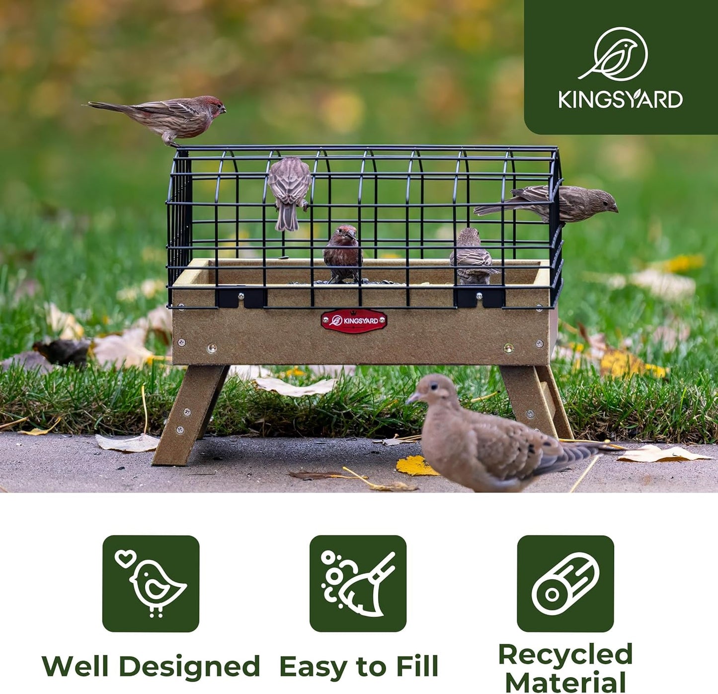 Kingsyard Squirrel Proof Ground Bird Feeder for Outdoors - Recycled Plastic Platform Feeding Station, Fly-Through Metal Caged Wild Bird Feeder for Small Birds, 5 LBS Large Capacity, Brown