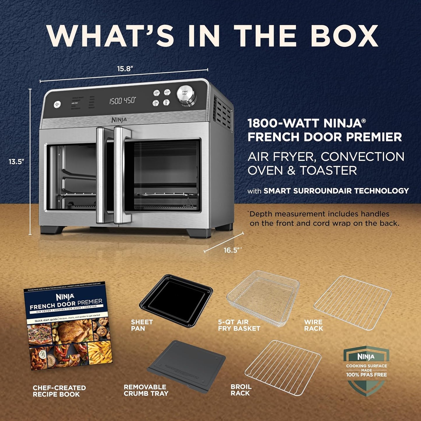Ninja | French Door Premier | Air Fryer, Convection Oven, Toaster | 5-qt Air Fry Basket, Sheet Pan, Wire Rack, Broil Rack | PFAS-free Cooking Surface, Dishwasher-safe Accessories | FO101 (NEW)