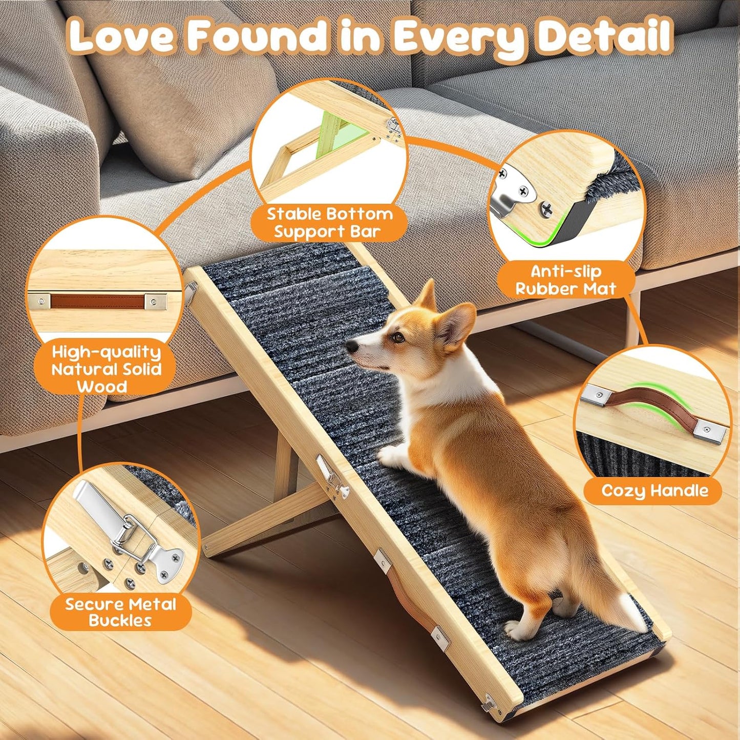 Pawaboo Foldable Dog Ramp, Small Dog Ramp for Couch Low Bed, 4 Adjustable Height from 13'' to 21", Stable Pet Steps with Non-Slip Pad, Portable Pet Ramps Use for Couch Sofa Stairs, Wood