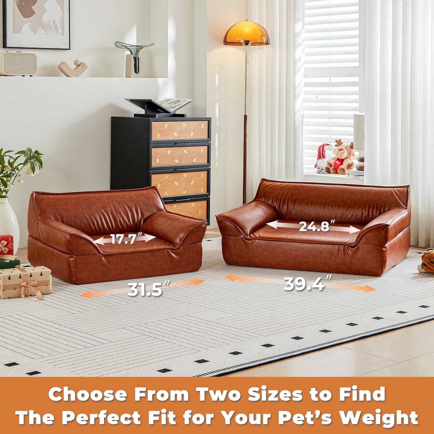 Leather Dog Couch Bed for Small and Medium Dogs Under 50 lbs, Brown Mid Century Modern Elevated Cat Sofa Bed Luxurious Indoor Furniture Style Pet Supplies for Puppy