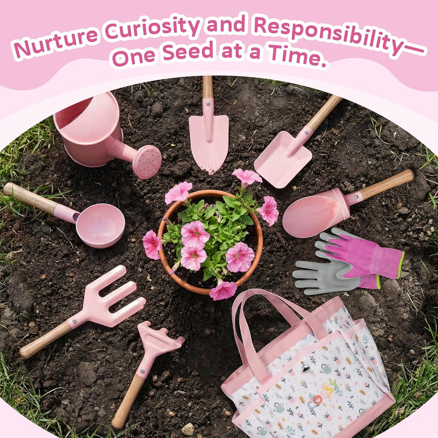 Cossy Kids Gardening Set, 13PCS Garden Tool Kit for Kids and Toddlers Boys Girls, Includes Tote Bag, Watering Can, Shovels, Rake, Kids Gardening Gloves, Apron and More, Pink