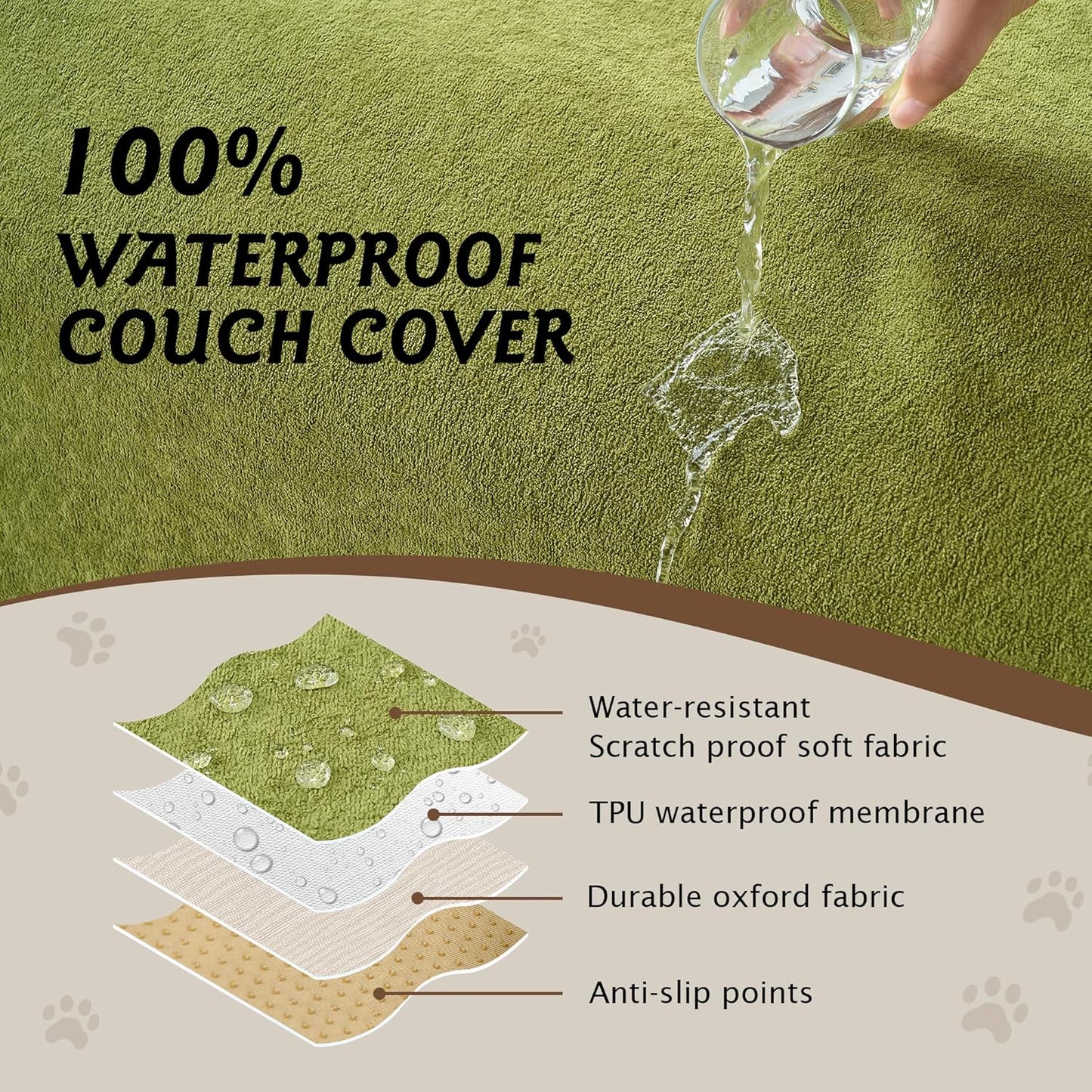 PuTian 100% Waterproof Couch Cover for Dogs - Anti-Scratch Washable Non Slip 2 Cushion Cover Blanket for L Shaped Sectional Recliner Sofa Slipcover for Pet Cats Kids, 71X134 in Boho Green-Waterproof