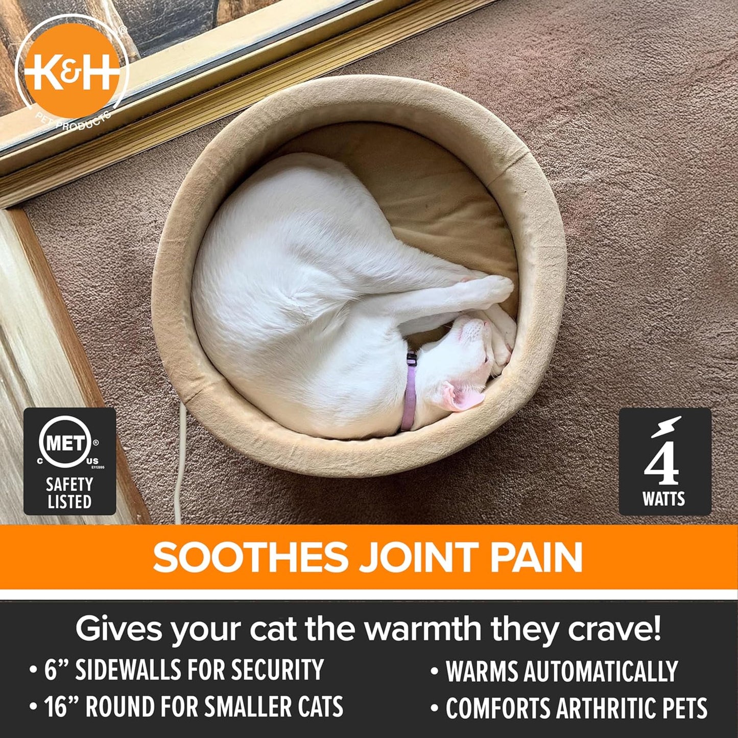 K&H Pet Products Thermo-Kitty 실내 고양이 및 개를 위한 온열 고양이 침대, 진정 보온 베개 반려동물 침대, 세탁기 사용 가능, 탈착식 히터, 안전 등록 - 스몰 40.6cm(16인치) 원형 모카/탠