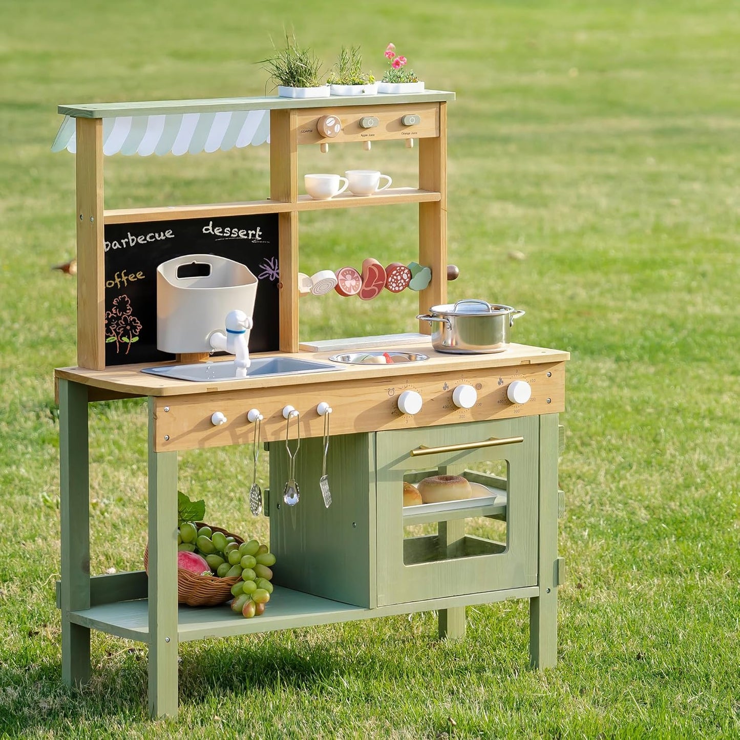 ROBOTIME Mud Kitchen for Kids, Outdoor Wooden Playset with Mud Kitchen, Sink, BBQ Grill, Coffee Maker, Planting Area & Oven, Pretend Play Kitchen for Outdoor Fun Ages 3+