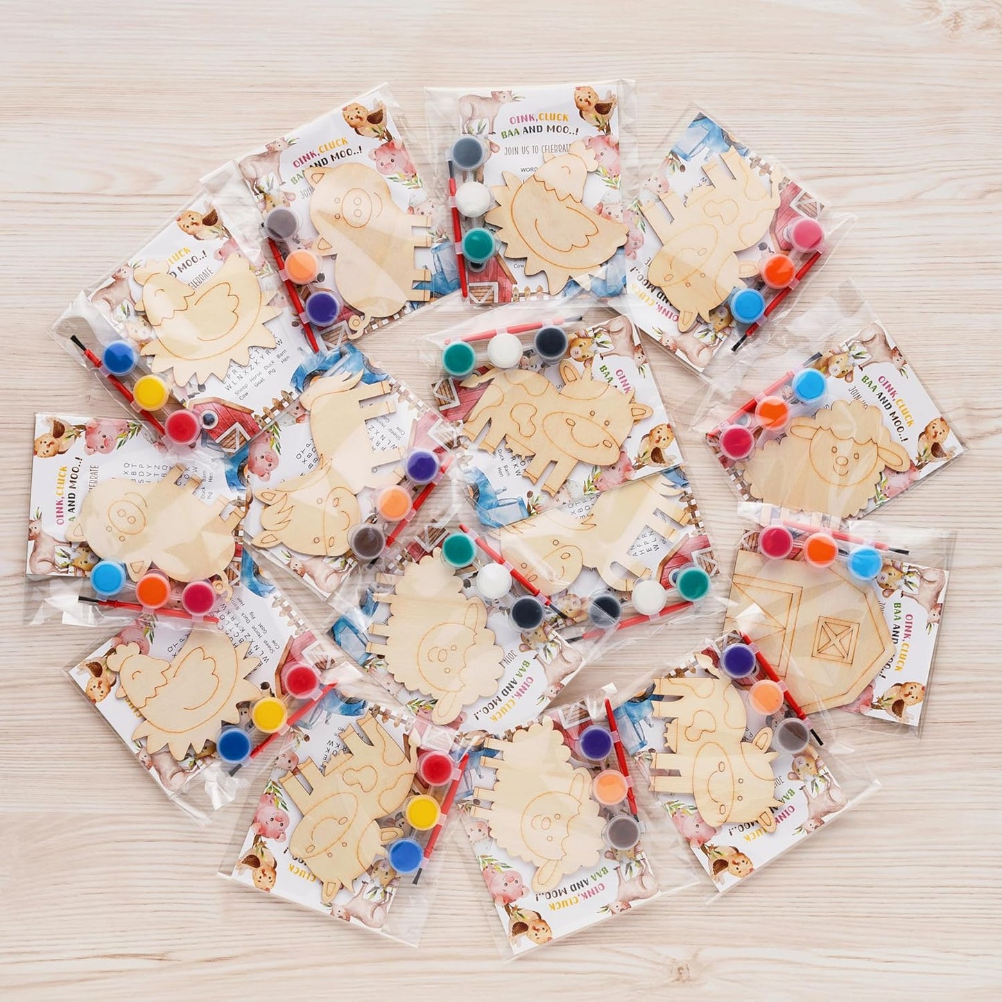 GEECOZYLIFE Farm Party Favors - 24 PCS Farm Animals with Art Supplies - Farm Barnyard Wooden Painting Kit - Thank You for Coming Gift - Kids Birthday Boys Girls Gifts Bulk