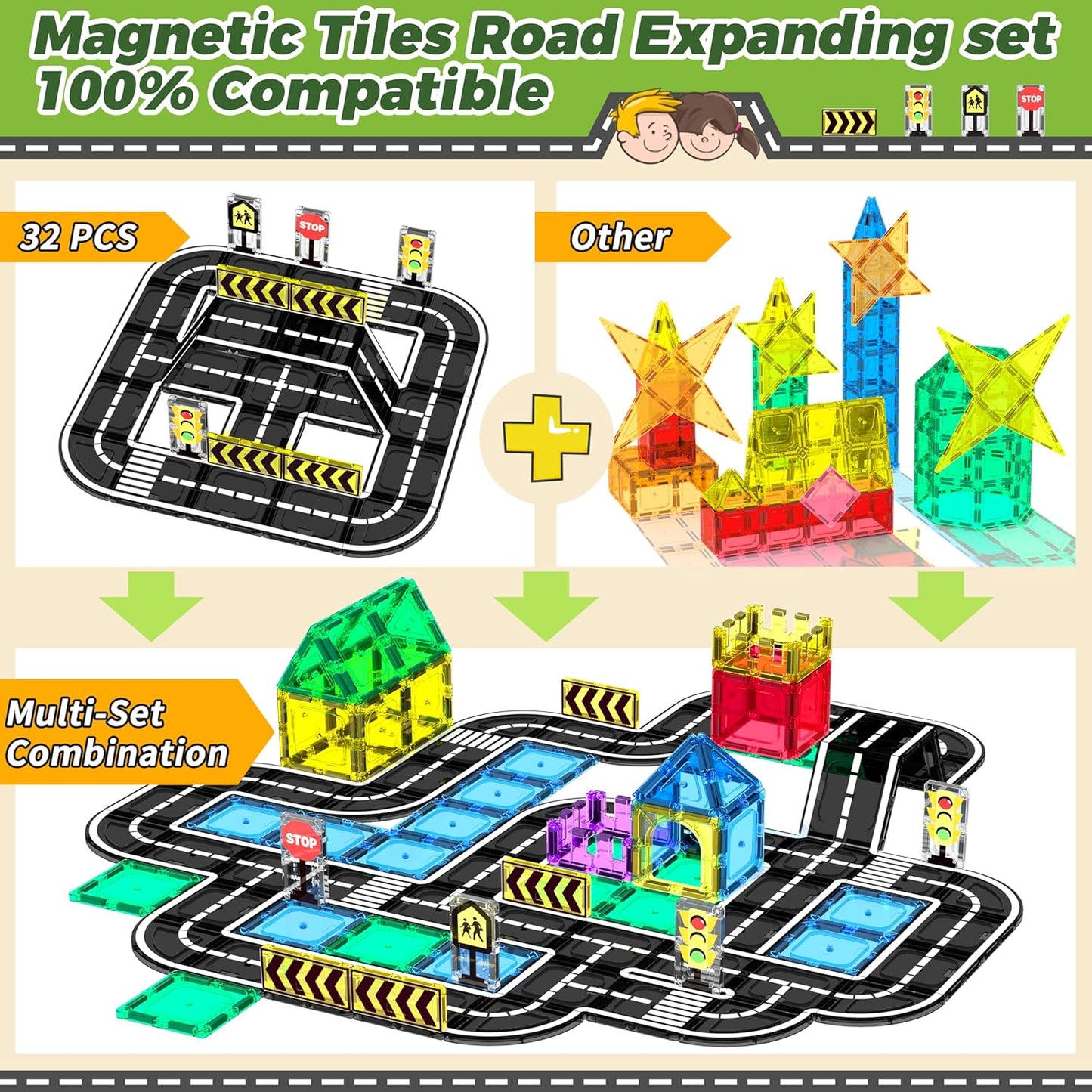 Magnetic Tiles Road Expansion Set, STEM Magnetic Building Blocks for Kids Ages 3-5 4-8 5-7, Preschool Learning Sensory Kids Toys for Toddler Birthday