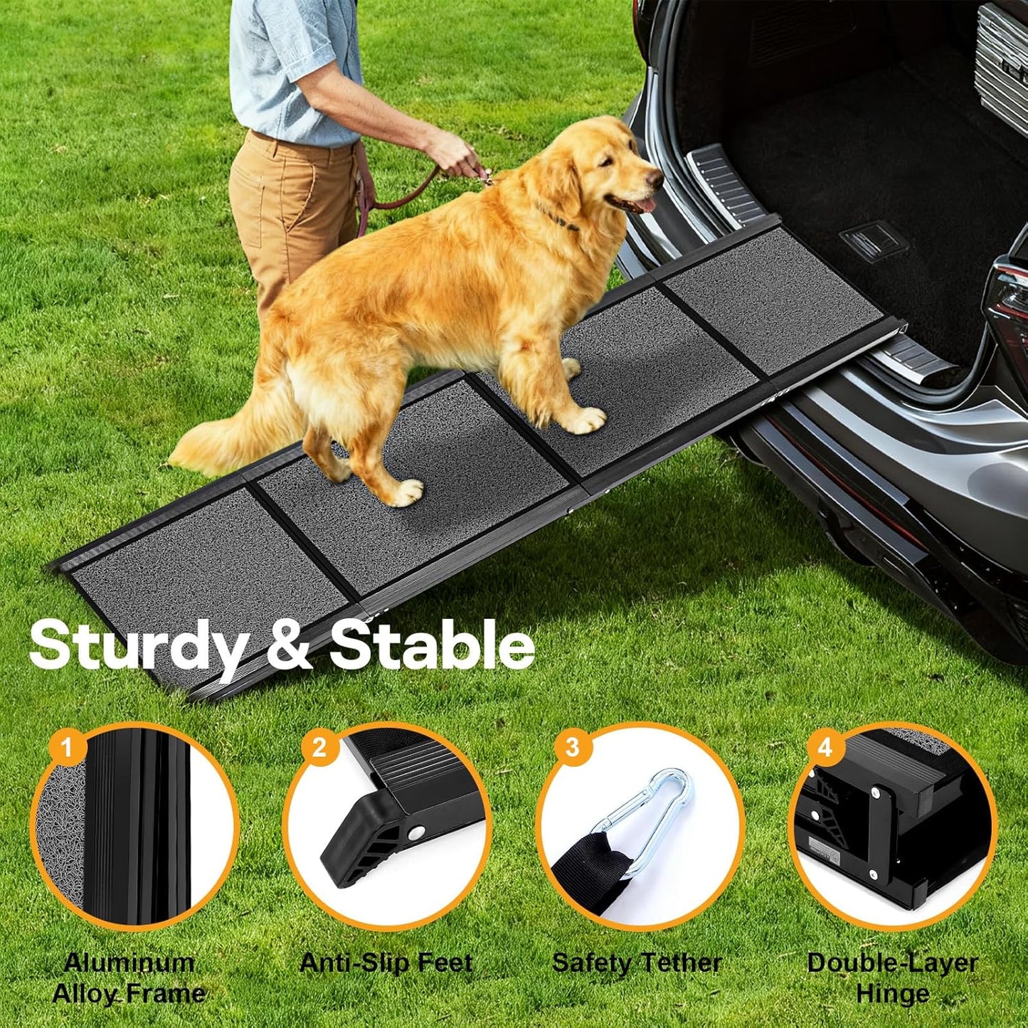 Dog Ramps for Car, 71" Extra Long & 20" Extra Wide Foldable Aluminum Dog Ramp for Large Pets, Support Up to 300LBS, Portable Non-Slip Rug Surface Pet Ramps for SUV, Truck, Van, Stairs, Bed, Couch