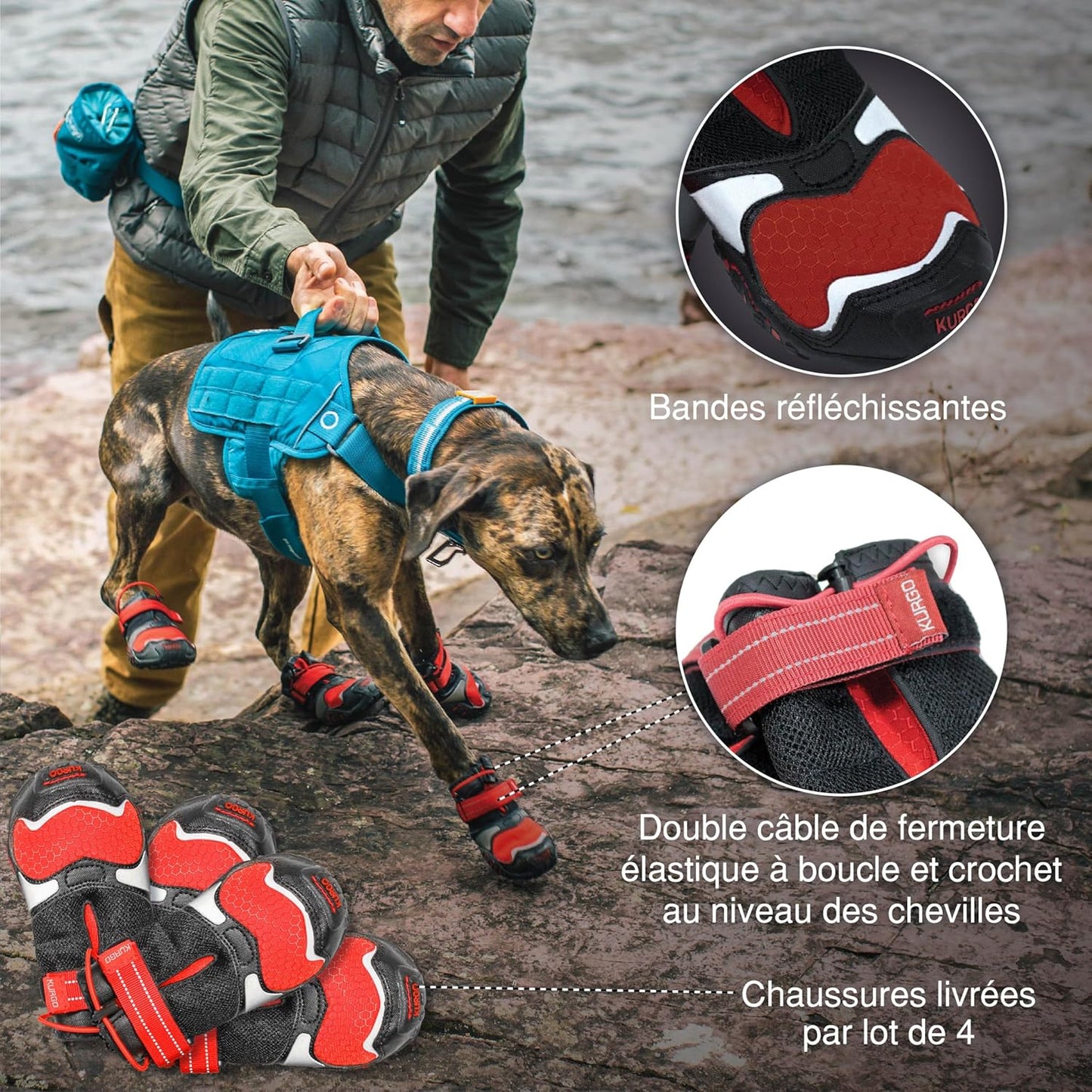 Kurgo Blaze Dog Boots - Protects Paws in All Seasons - Breathable Fabric - Water Resistant Dog Shoes - Dual Ankle Closure - Reflective Dog Boots - Includes 2 Shoes - Chili Red/Black - L
