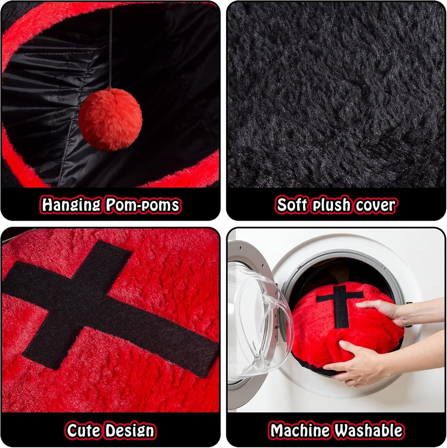 Gothic Cat Bed, Coffin Cat Tunnel House with Washable Cushion, Fits Indoor Cats up to 25 lbs, Cute Peekaboo Cave Pet Bed for Kittens, Rabbits, Halloween Goth Design, Black Red