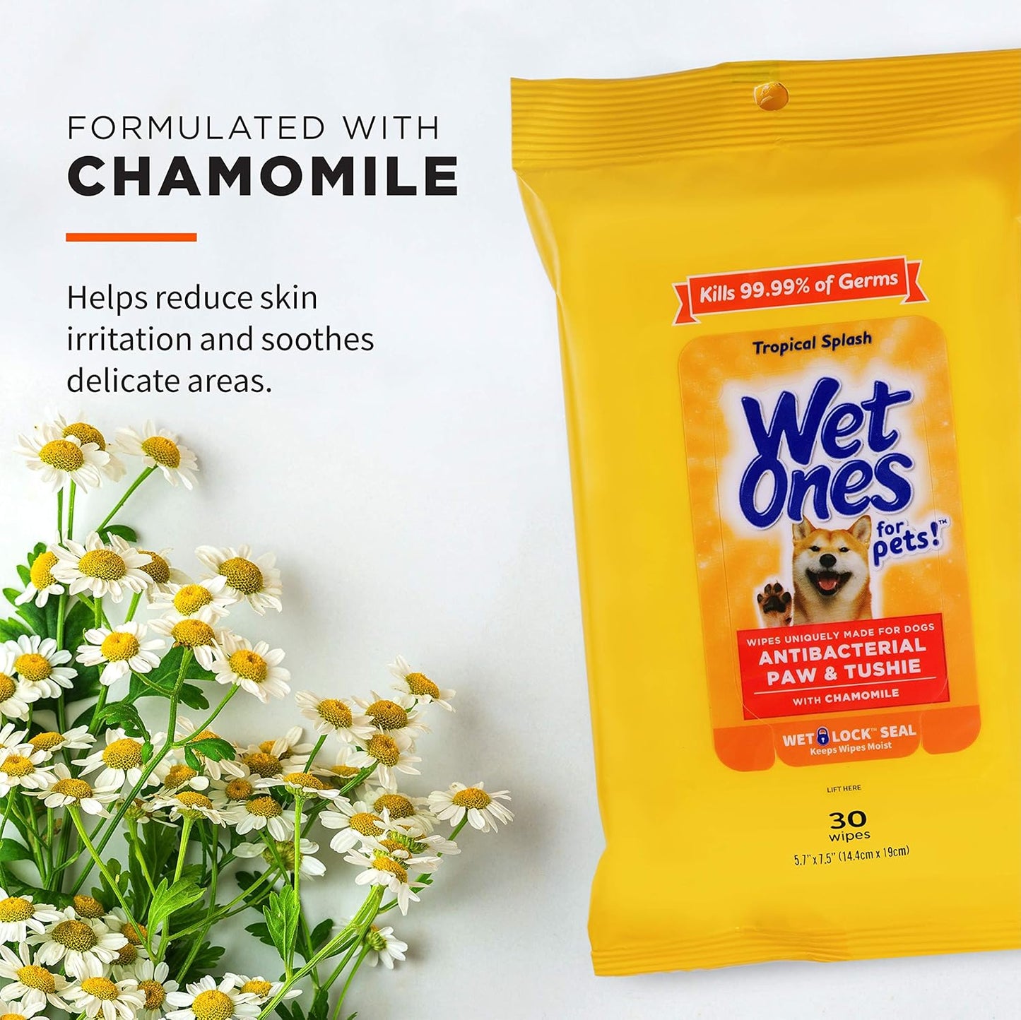 Wet Ones for Pets Paw & Tushie Dog Wipes with Chamomile, Tropical Splash Scent - Cleansing Wipes for Paws and Butt Between Baths with Wet Lock Seal, 30 Count