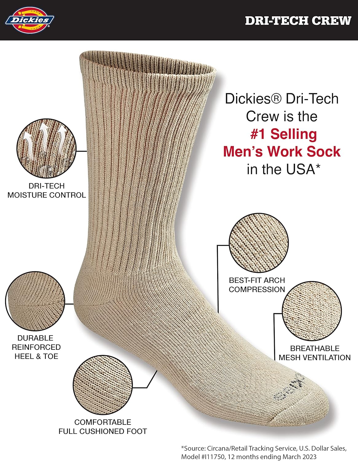 Dickies Men's Dri-Tech Essential Moisture Control Crew Socks (6 & 12 Pairs)