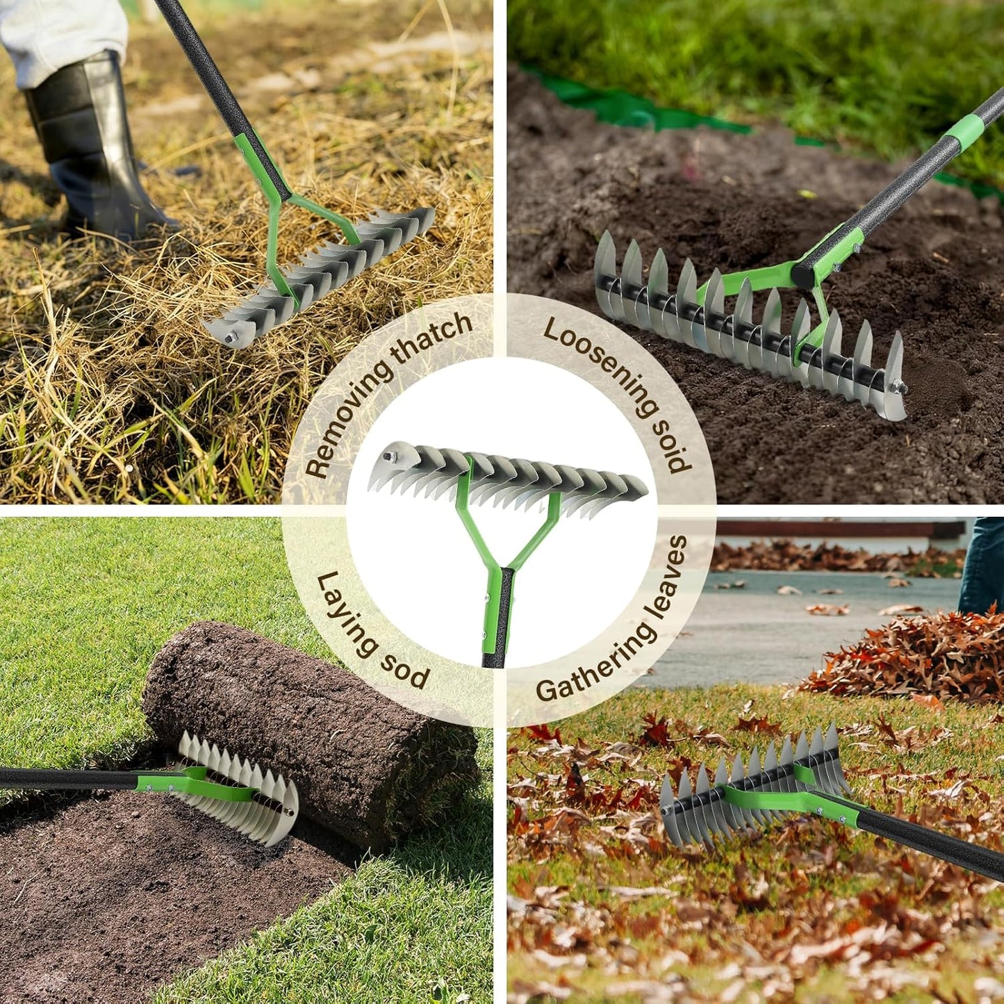 Thatch Rake, 13" Wide Efficient Dethatcher Rake with 70" Adjustable Long Handle, Heavy Duty Steel Metal Dethatching Rakes for Cleaning Dead Grass, Loosening Soil, Lawn Care in Yard Garden