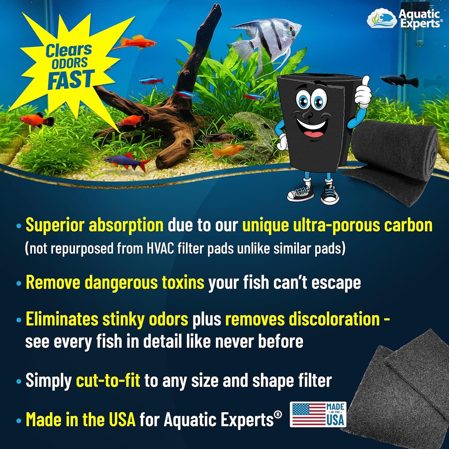 Aquarium Carbon Pad – Cut‑to‑Fit Carbon Infused Filter Pad Media for Crystal Clear Fish Tanks and Ponds, 3/8"–1/2" Thick (10.5 Inch Width, 36 Inch Long)