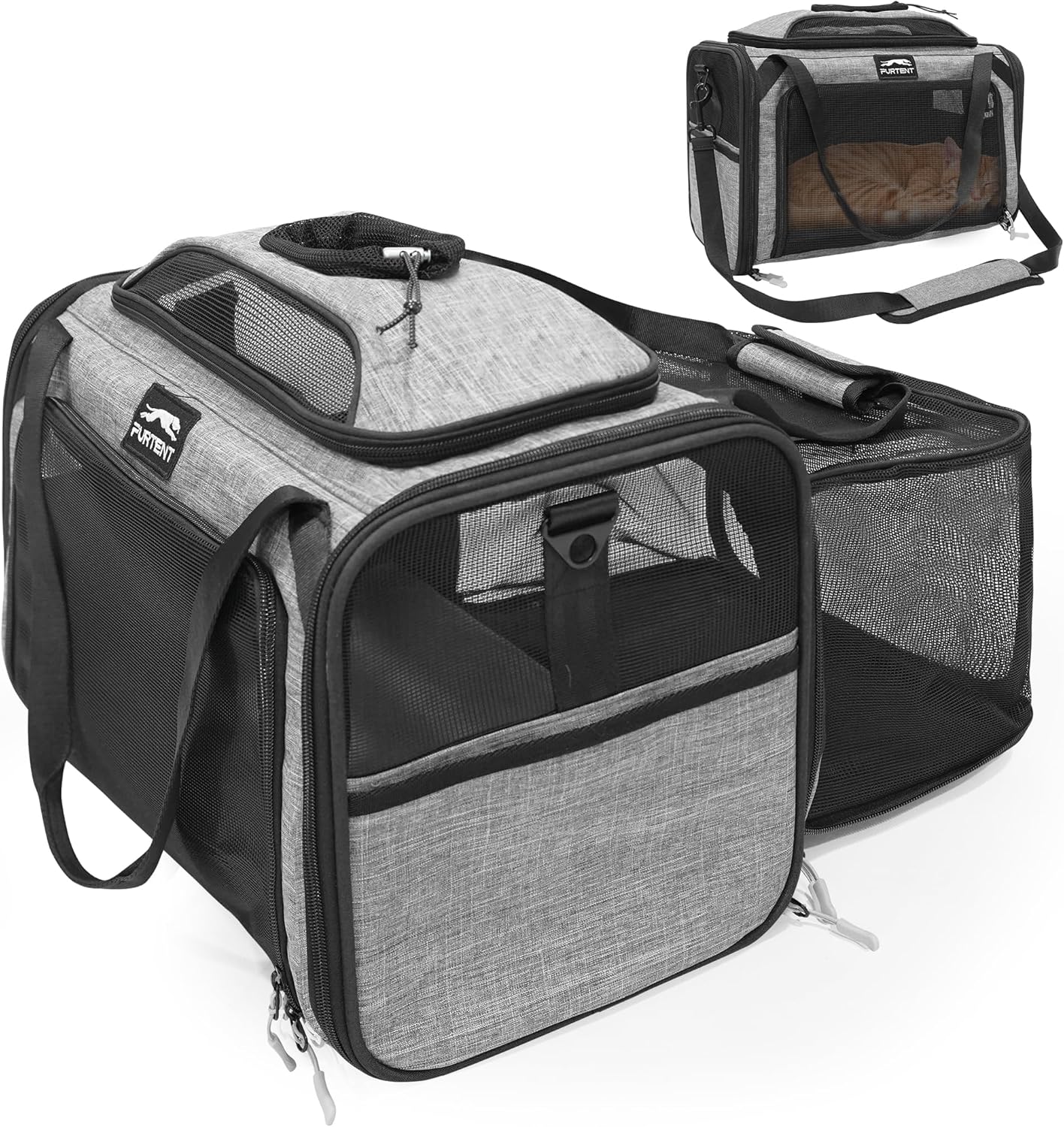 Cat Carrier, Airline Approved Dog Carrier with Top and Side Expansion, 360° Ventilation Soft-Sided Cat Carrier with Safety Leash, Foldable Travel Carrier for Small Cats and Dogs,Grey