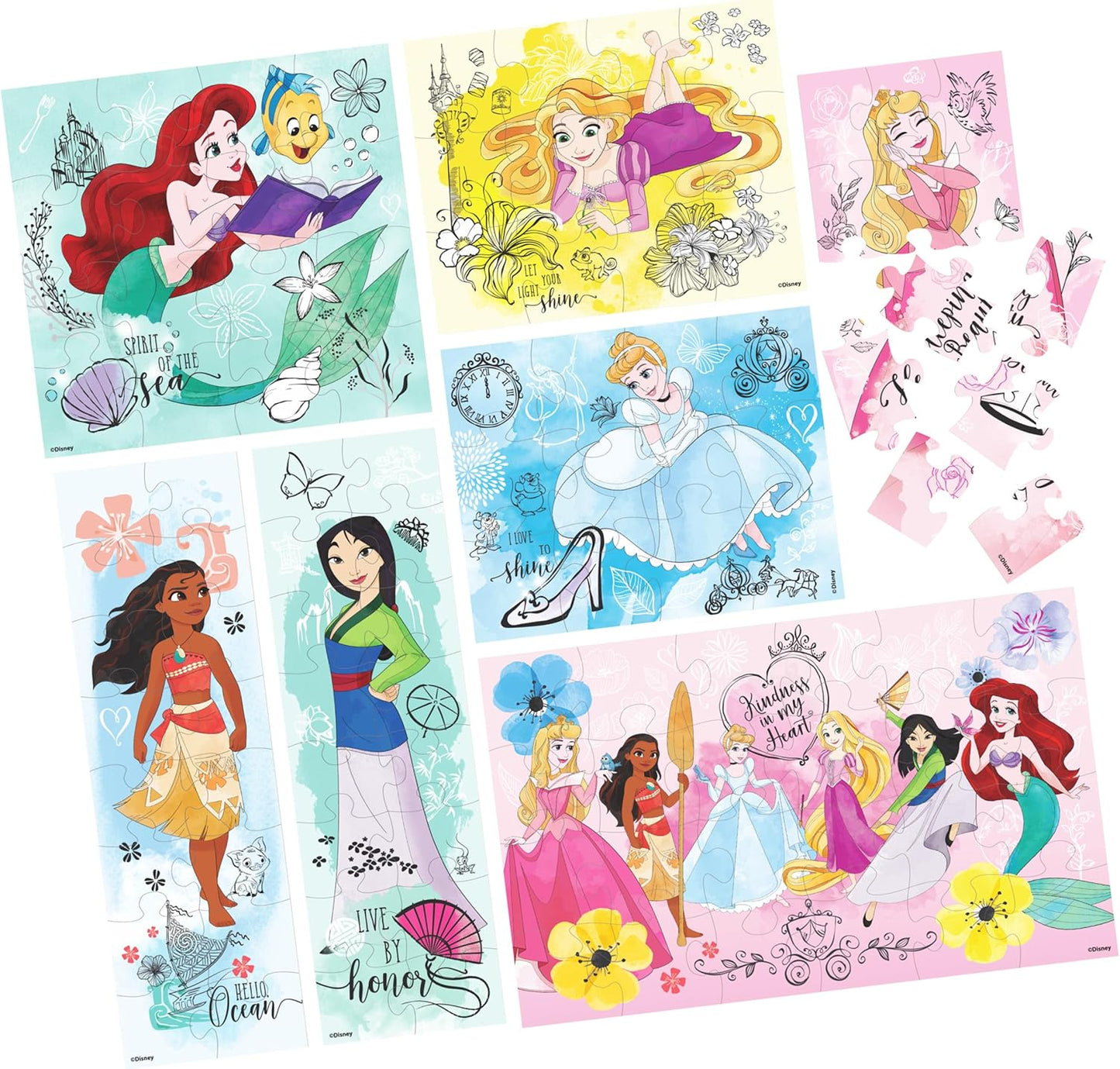 Spin Master Games, Disney Princess Puzzles, 7-Pack, Jigsaw Kids Puzzles, 12, 16, & 24 Pieces, Featuring Ariel, Tiana, Rapunzel, Pocahontas, Storage Tray, Easter Gift, for Ages 4 & Up