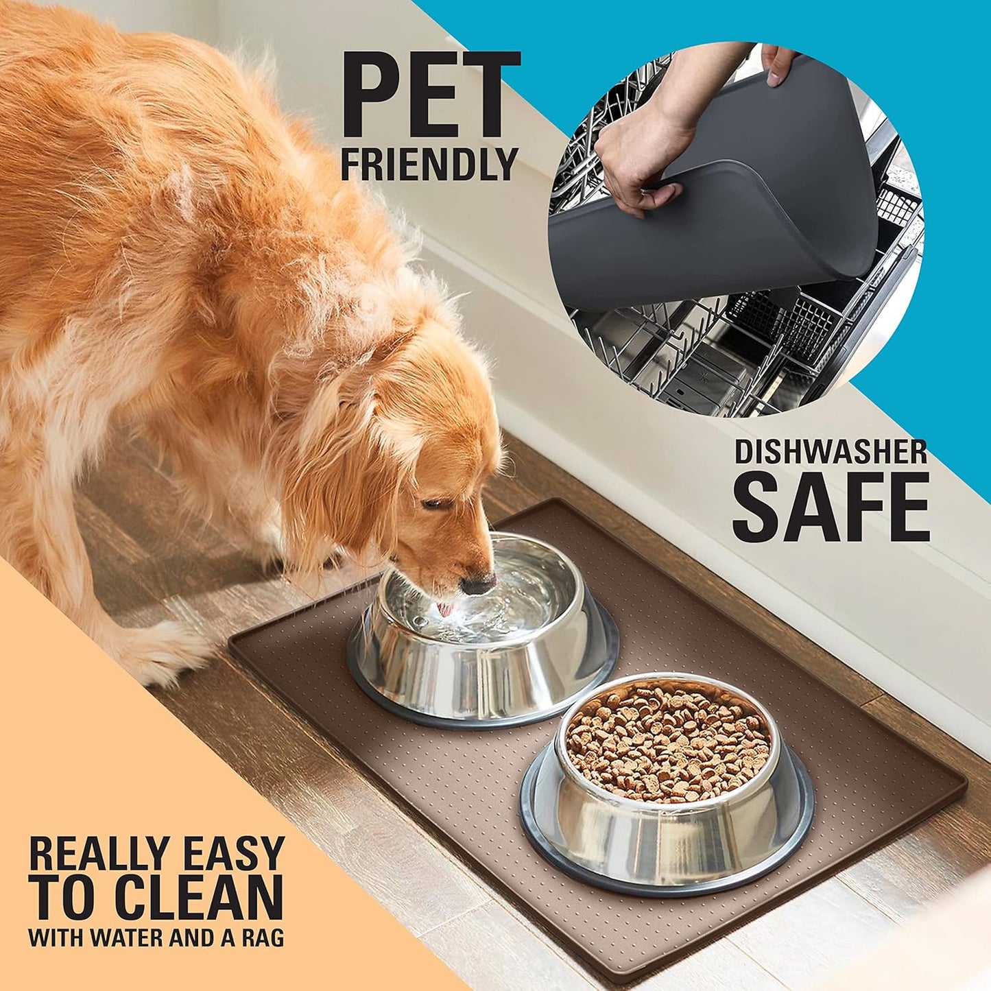 Waterproof Raised Edge BPA Free Silicone Pet Feeding Mat, 23x15 Dishwasher Safe Food Mat Contains Spills & Protects Floors, Placemats for Cats and Dogs Water Bowl, Pets Accessories Brown