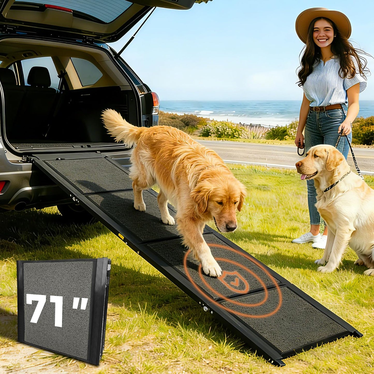 Dog Ramp for Car, 71" Extra-Long & 20" Wide Folding Pet Ramp for SUV & Truck, Heavy-Duty 250 lbs Support, Non-Slip Traction Surface, Portable Pet Ramp for Medium & Large Dogs