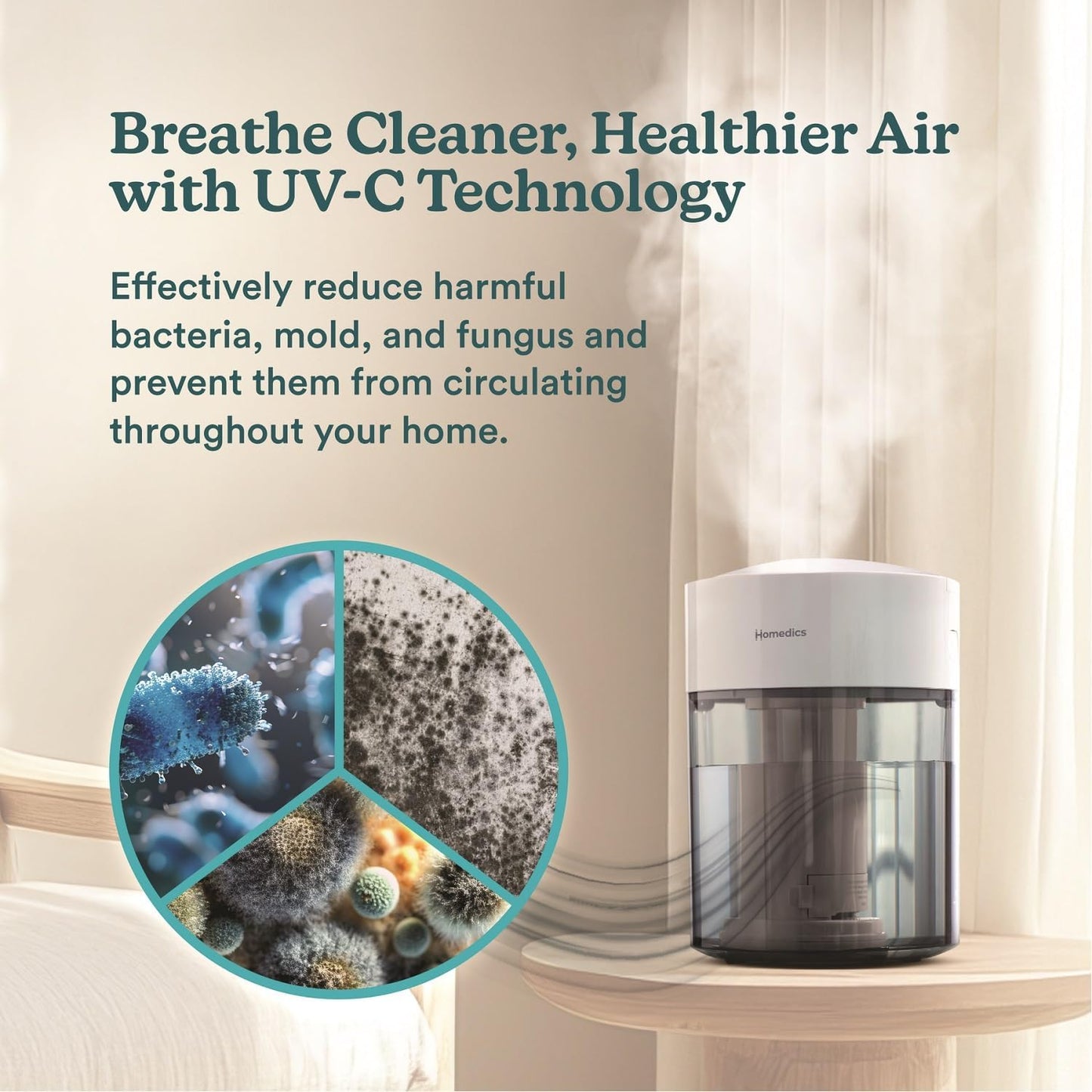 HoMedics Humidifiers for Bedroom, Home, Nursery, Office and Plants. Total Comfort UV-C Ultrasonic Humidifier, Leak Resistant Design, 0.97 Gallon Tank, 35 Hour Run Time, Quiet, Cool Mist, Night Light