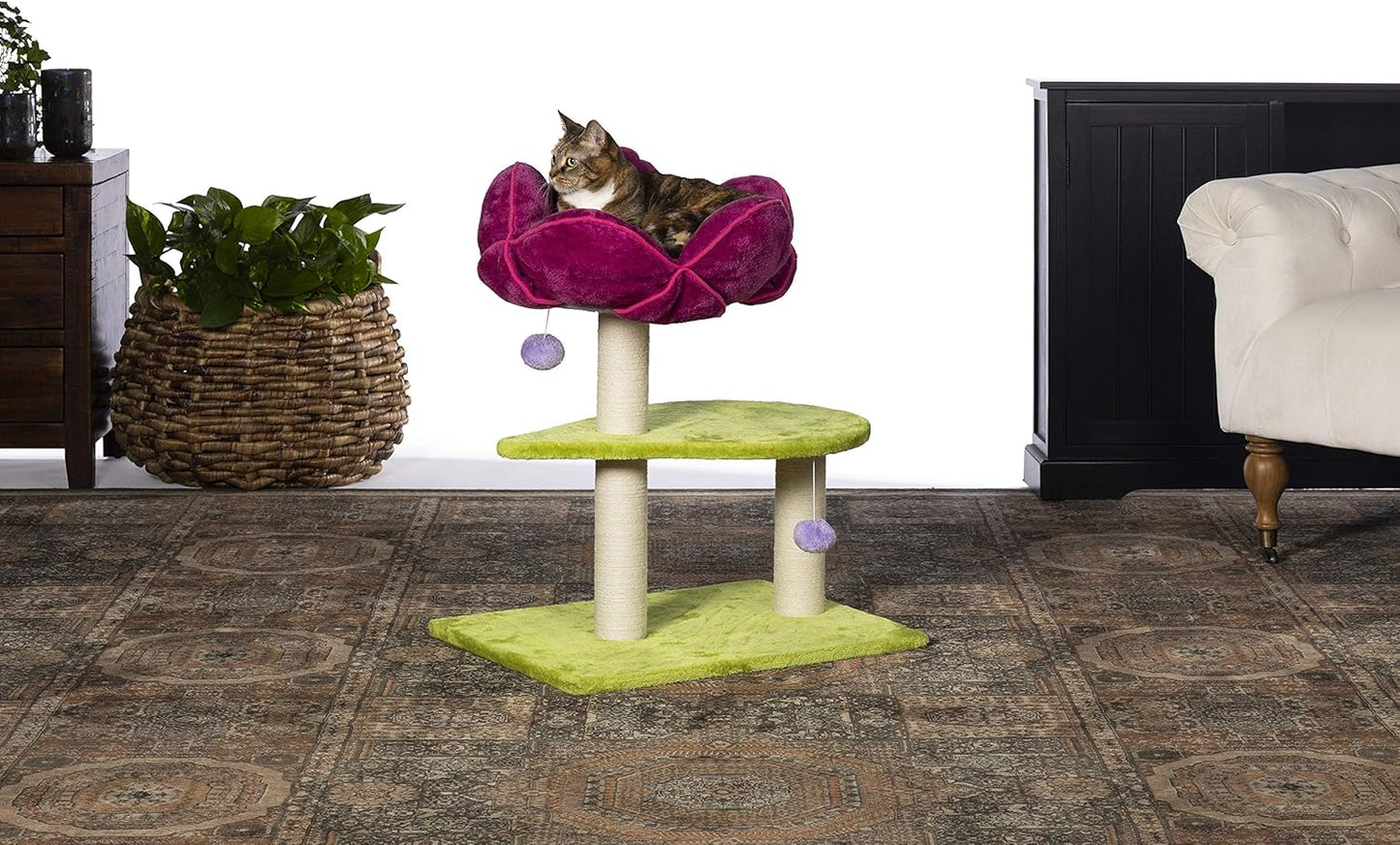 Prevue Pet Products Flower Garden Cat Tree - Multi-Level Indoor Cat Tower with Scratching Posts, Includes Hanging Toys and Play Areas, Plush Bed & Scratching Posts - Green and Pink