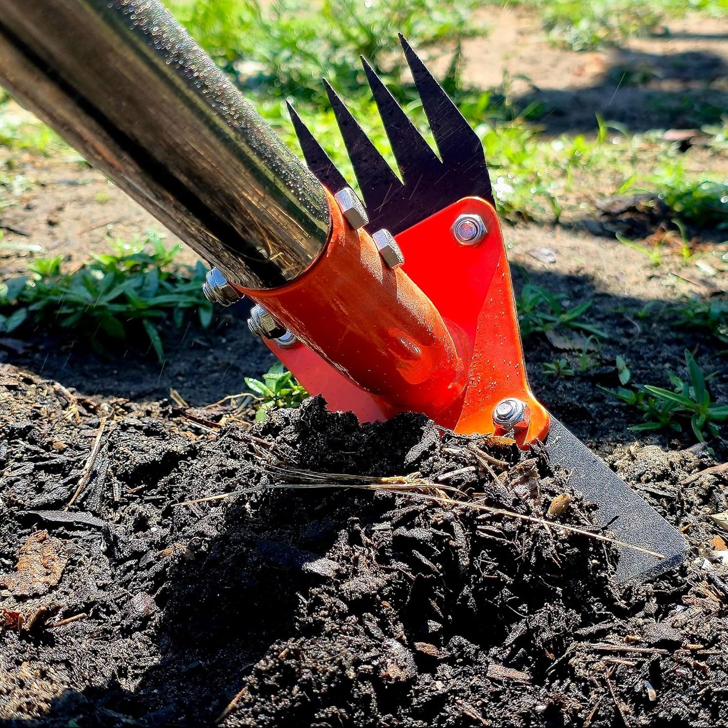 2-in-1 Garden Hoe and Weed Puller Rake, 60 Inch Adjustable Long Handle Weeding Tool Heavy Duty Spring Steel Head with Sand Grain Coating, Weed Remover for Garden, Yard, Lawn, Driveway