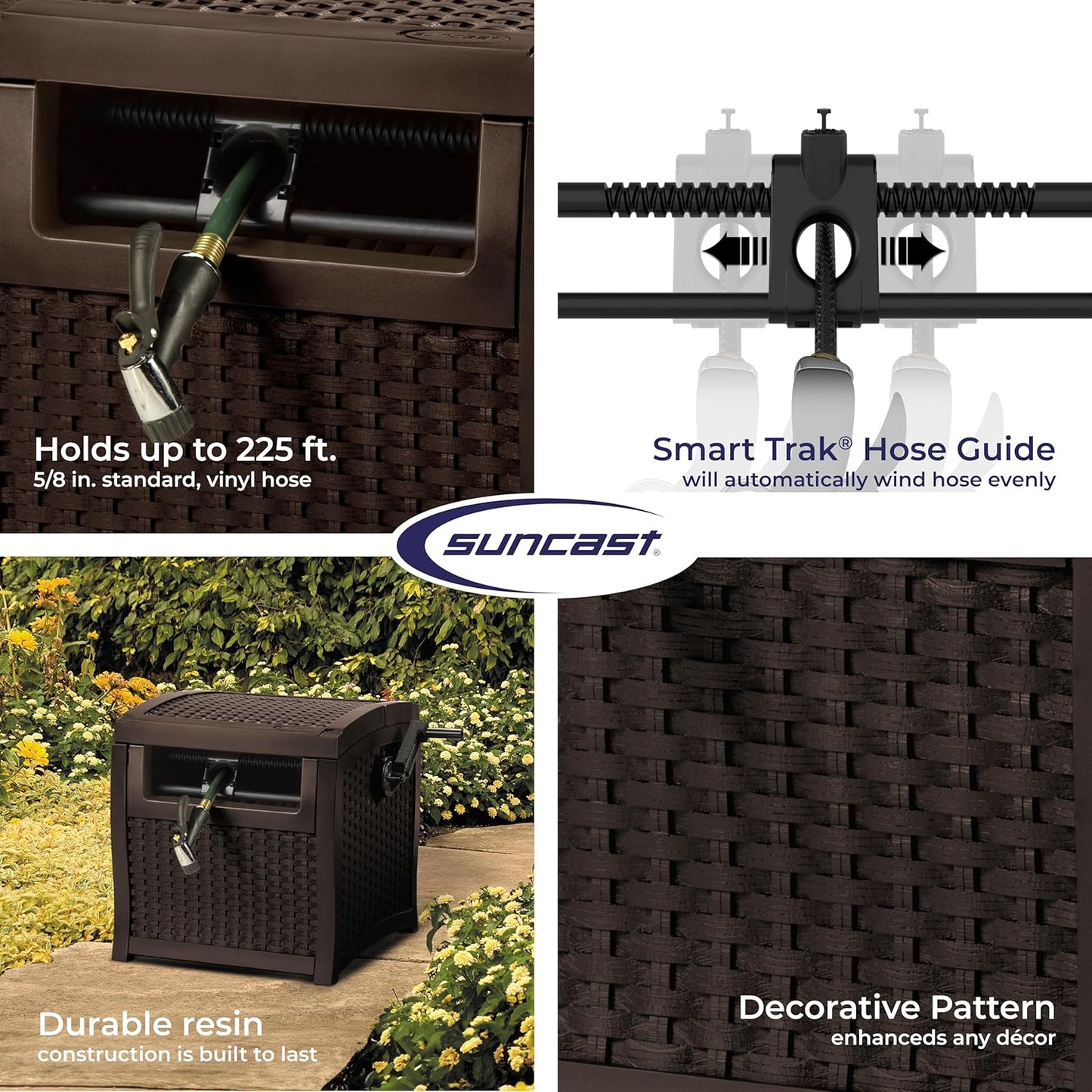 Suncast Hose Reel with Smart Trak Hose Guide, Water-Tight Connection, Durable Resin Construction, 225' Hose Capacity, Brown, Made in the USA