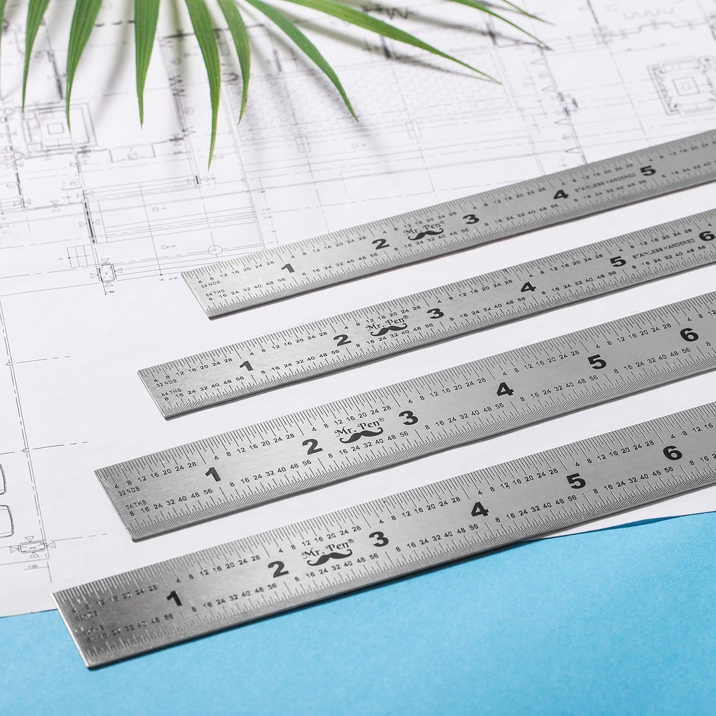 Mr. Pen- Machinist Ruler, 4 Pack (6, 8, 12, 14 inch), Metric & Millimeter Ruler, 1/64, 1/32, mm and .5 mm, Stainless Steel