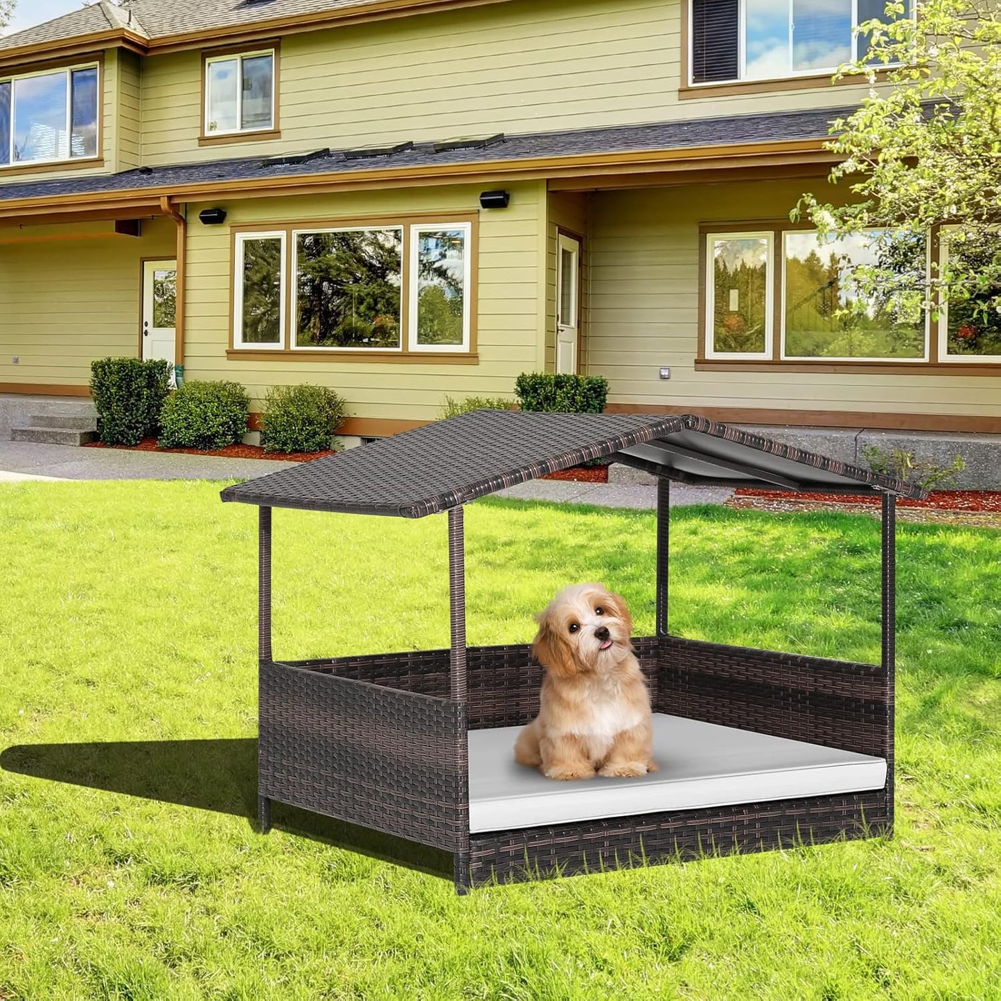 Tangkula Wicker Dog House, Indoor Outdoor Raised Rattan Dog Bed w/Removable Cushion, Washable Cover, Weatherproof Roof, Rattan Puppy Shelter w/Elevated Floor for Small Medium Dogs (White)