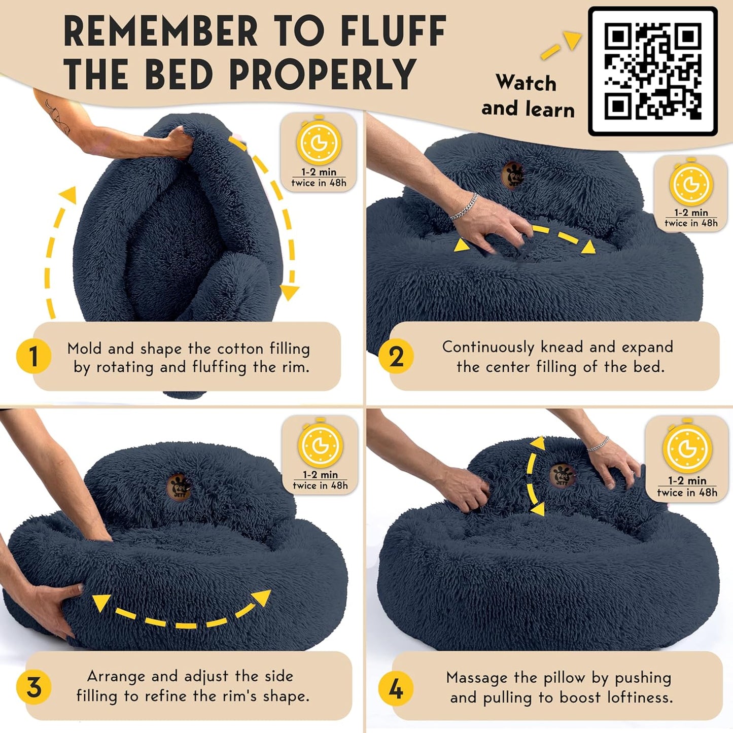 PetJett Dog Beds Large Sized Dog - 36'' Calming Round Bed, Anti-Slip & Washable Super Soft Donut Bed, Fluffy Faux Fur Anti-Anxiety Premium Comfort Pet Bed, Fits Dogs up to 80 lbs - Dark Grey