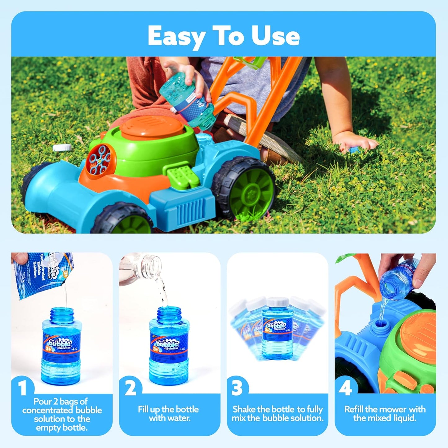SLOOSH Bubble Lawn Mower Toddler Toys - Spill-Proof Bubble Machine Pretend Gardening Play Toy for Age 1 2 3 1-3 Year Old Baby Boys Indoor Outdoor Use, Easter Basket Stuffers Birthday Gifts (Blue)