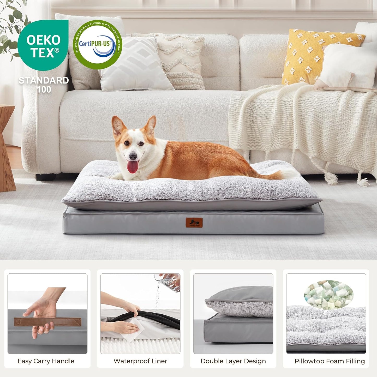 2-Pack Waterproof Dog Bed Medium Size Dogs, Plush Cushion & Orthopedic Egg-Crate Foam Mattress for Senior Dogs, Washable Dog Crate Bed with Removable Cover, Light Grey