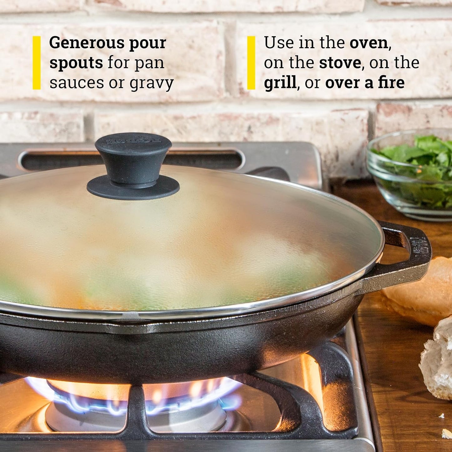 Lodge 12 Inch Cast Iron Everyday Pan - Chef Collection - Use on Oven, Stove, Grill, or Fire - Easy to Clean - Cast Iron Pan with Lid - Durable Cookware
