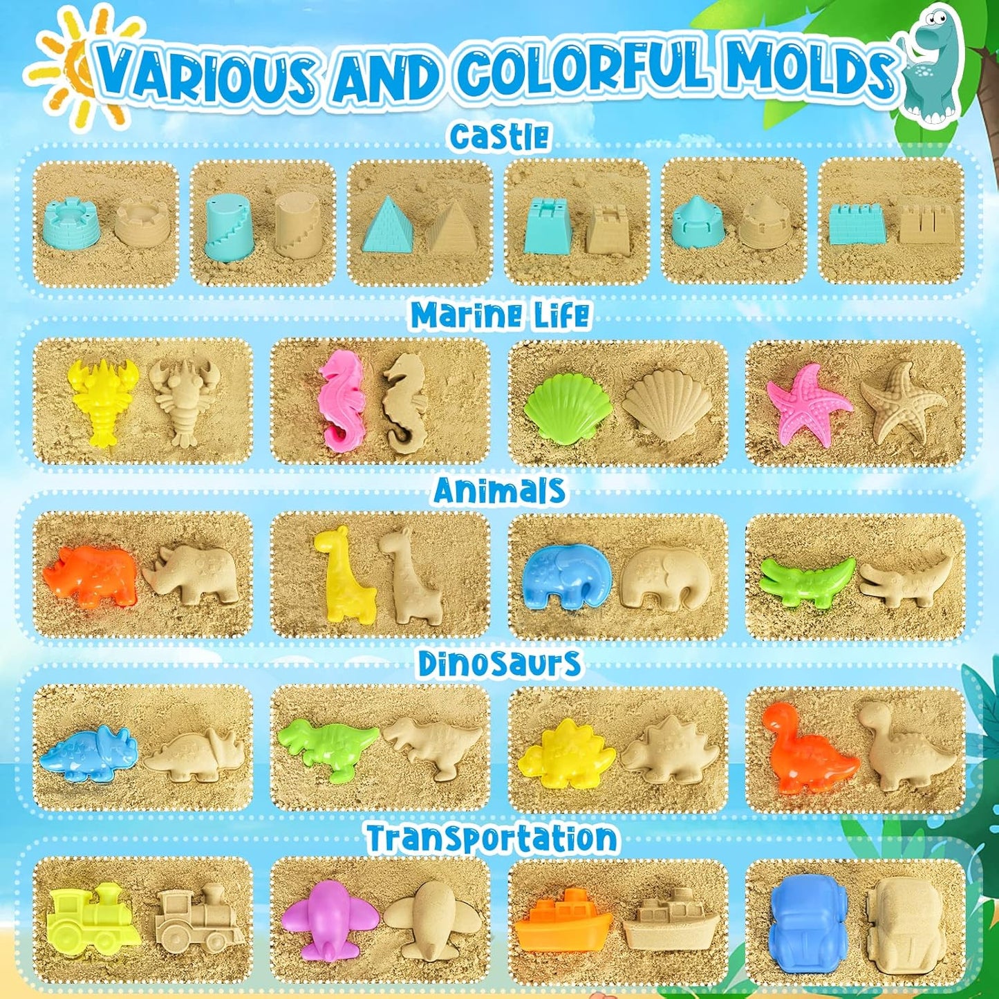 Beach Toys, Sand Toys for Kids Boys and Girls with 2 Construction Vehicle, 2 Collapsible Bucket, Sand Castle Building Kit, Sand Molds, Mesh Bag, Outdoor Toys for Kids Ages 4-8