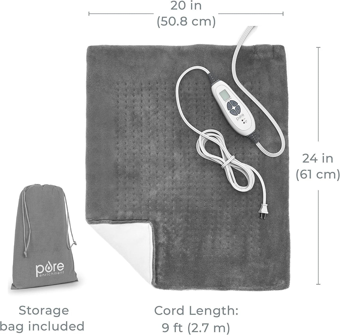 Pure Enrichment PureRelief Ultra-Wide Microplush Heating Pad - 20” x 24” XXL Size & 6 Heat Settings for Temporary Neck, Shoulder & Back Pain Relief - Moist Heat Option & Machine Washable (Gray)