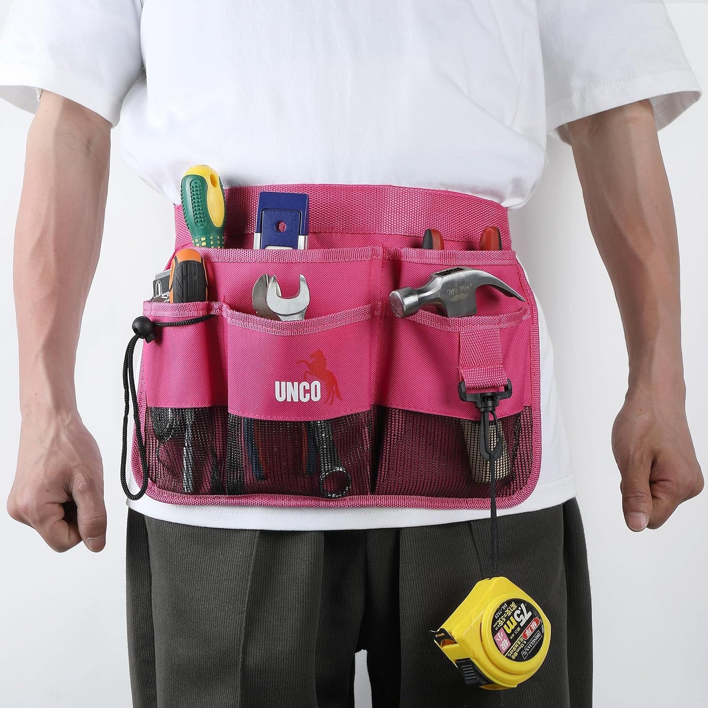 UNCO- Adjustable Gardening Belt, Pink, 7 Pockets, Wear, Cut and Water Resistant, Garden Tool Belt Pouch, Waist Apron with Pockets