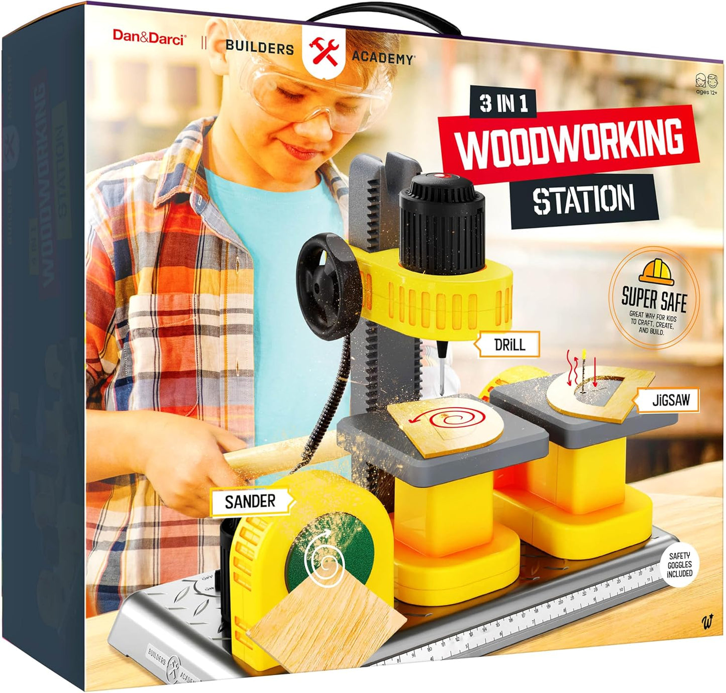 Dan&Darci 3-in-1 Woodworking Station for Kids - Wood Building Projects Kit for Boys - Real Construction Tools Sets - Boy Tool Set - Gifts Age 8 Year Old - Cool STEM Toys Kits Birthday Gift Ideas