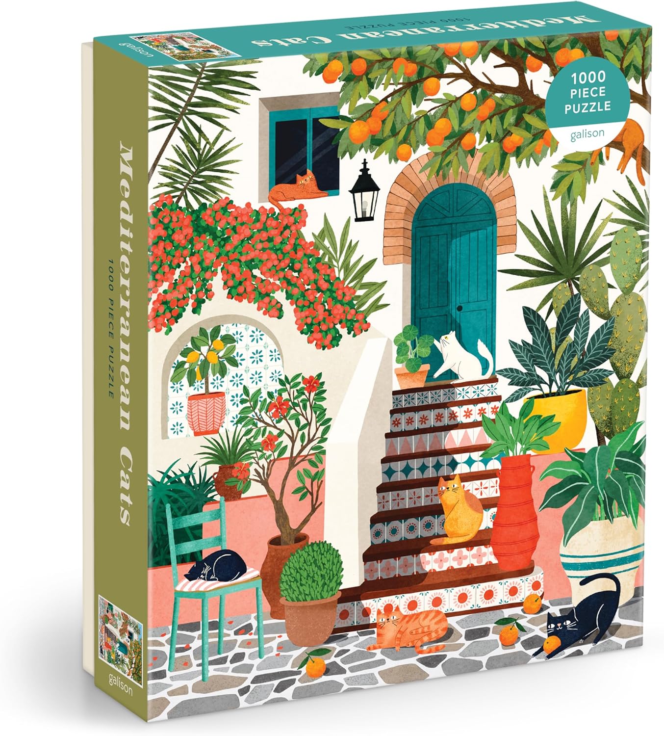 Galison Mediterranean Cats – 1000 Piece Jigsaw Puzzle Featuring Beautiful Artwork of A Citrus Inspired Stoop with Cats
